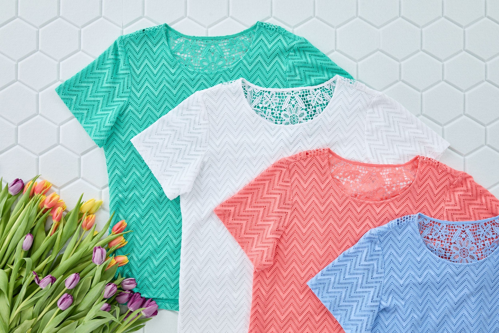 Alfred - The best spring tees are in bloom! Shop Chevron Lace Back Tee ...