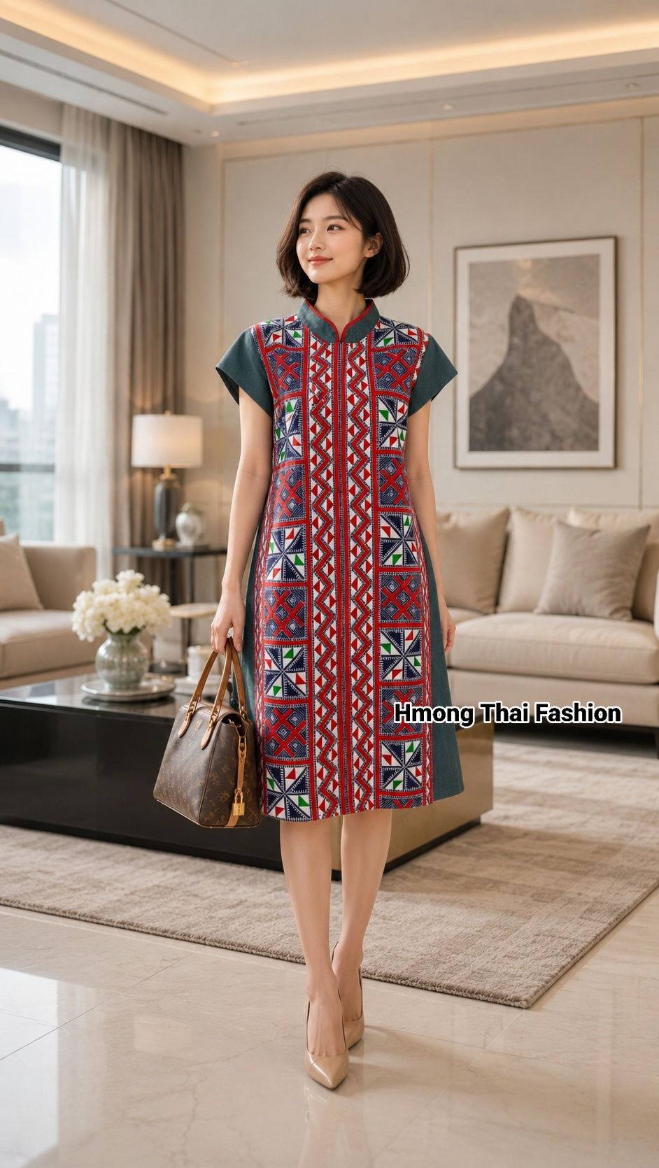 👗 Handwoven Vintage Cotton Dress – Faded Color Hand-drawn Hmong batik-inspired patterns, hand-etched detailing, traditional Thai Hmong style, fully interfaced, with a back zipper. ✨ Soft, lightweight fabric that is comfortable to
