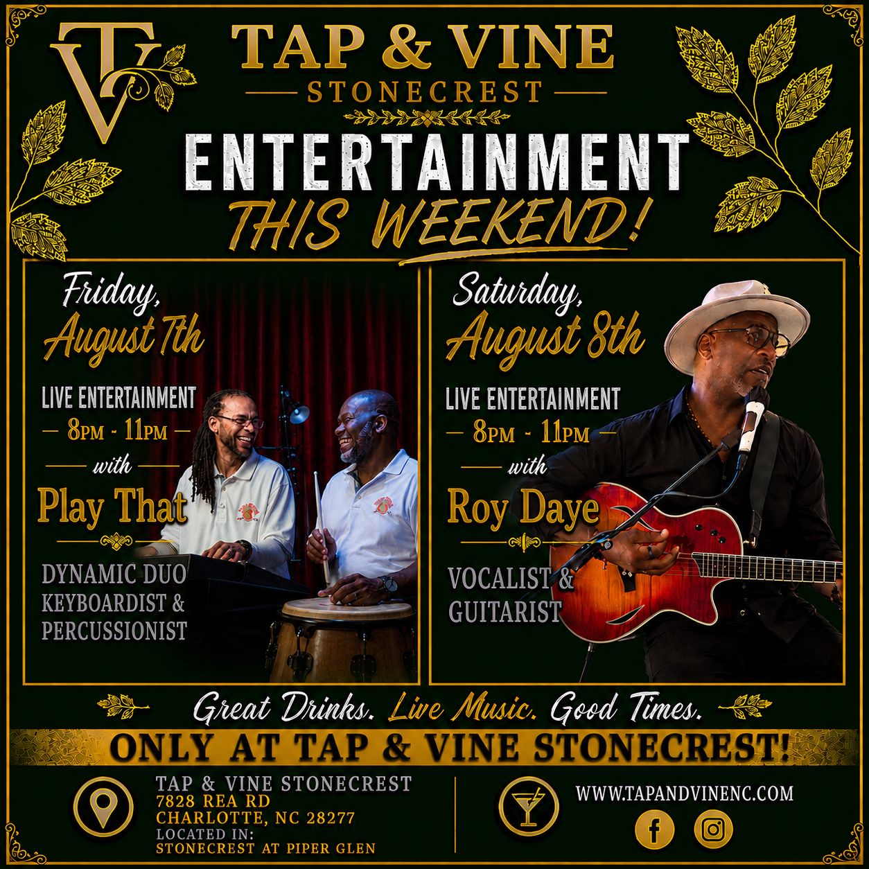 🎶 Entertainment This Weekend at Tap & Vine Stonecrest! 🎶 Friday