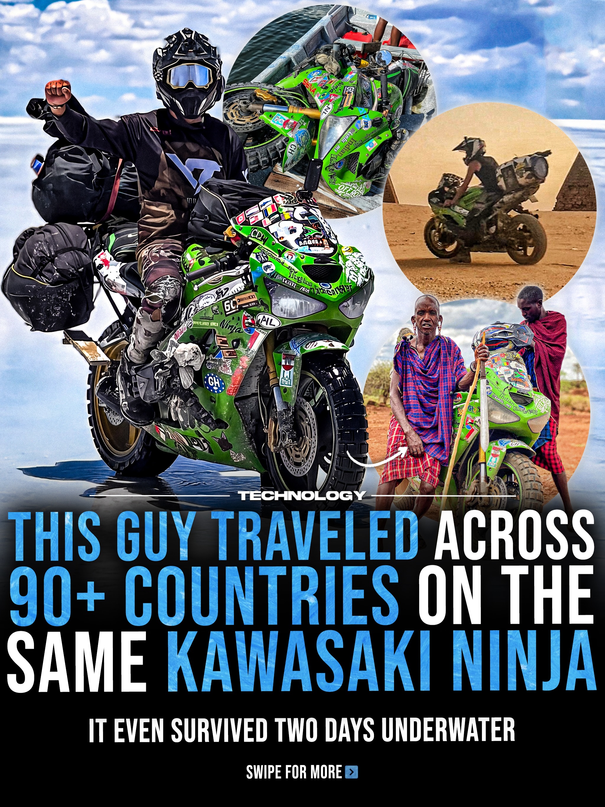 【monち】 Toni Moles traveled across 90+ countries on the same Kawasaki ZX