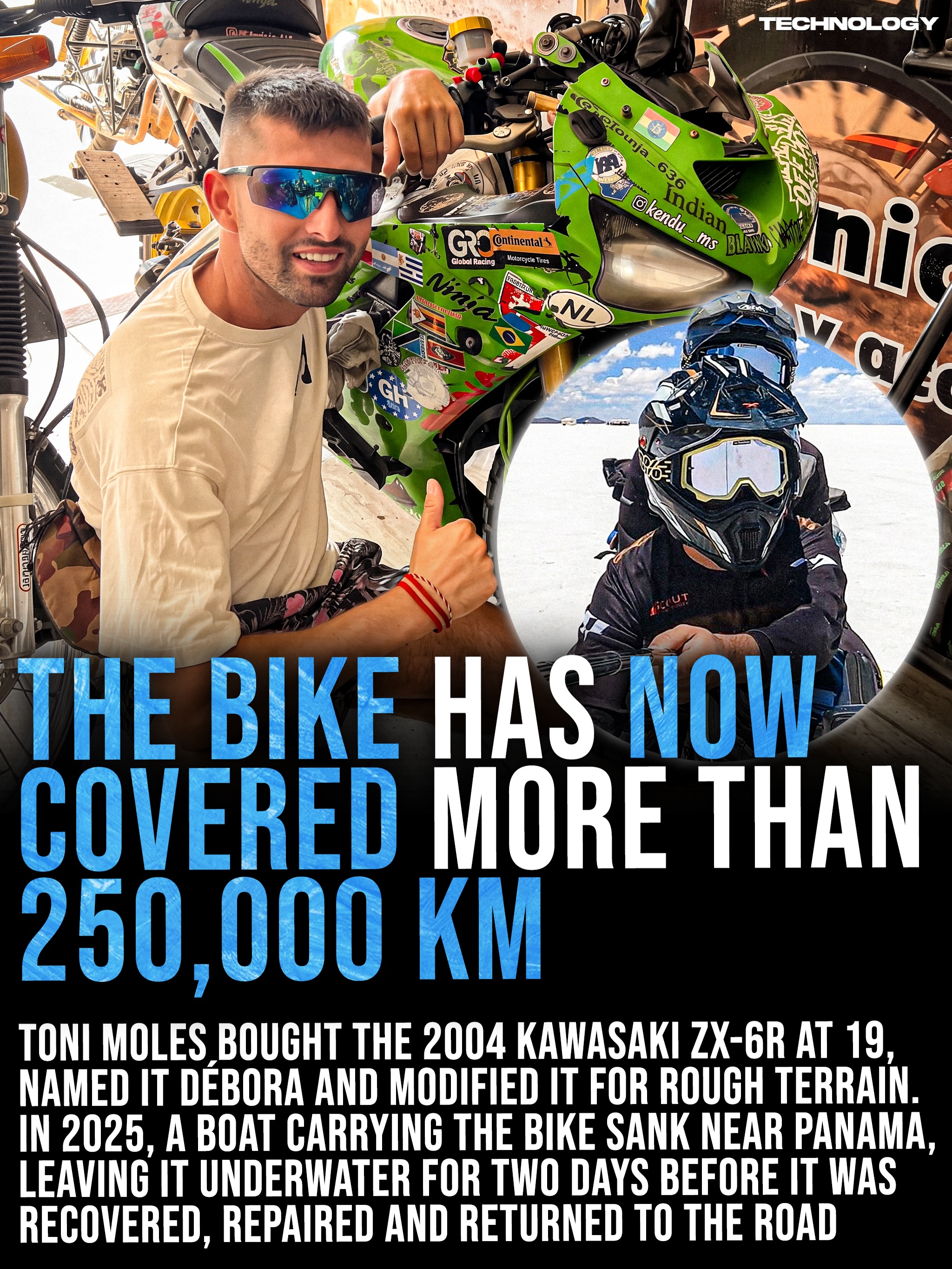 【monち】 Toni Moles traveled across 90+ countries on the same Kawasaki ZX