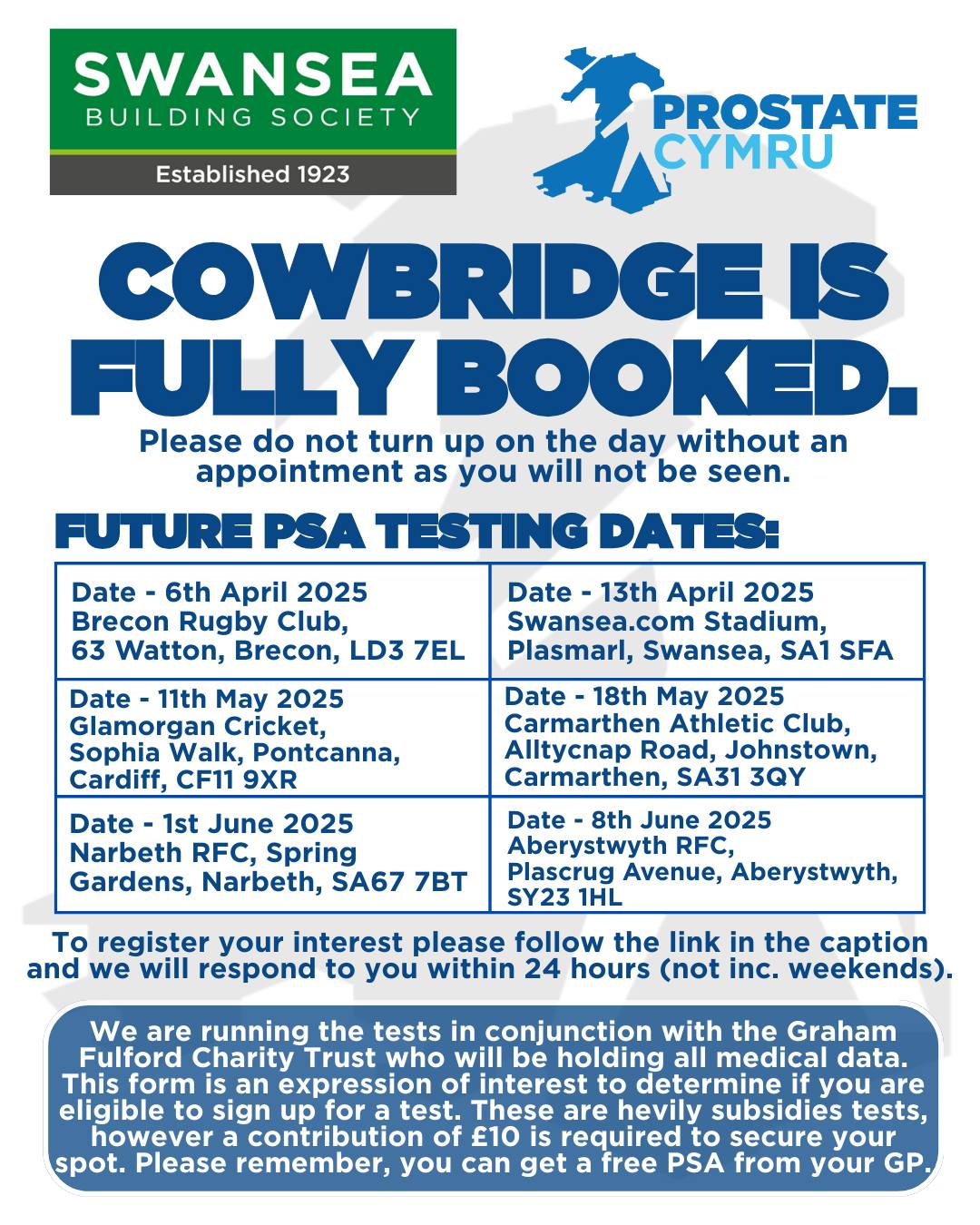 Prostate - 🚨 PSA TESTING - COWBRIDGE IS FULLY BOOKED! 📢 Please do not ...
