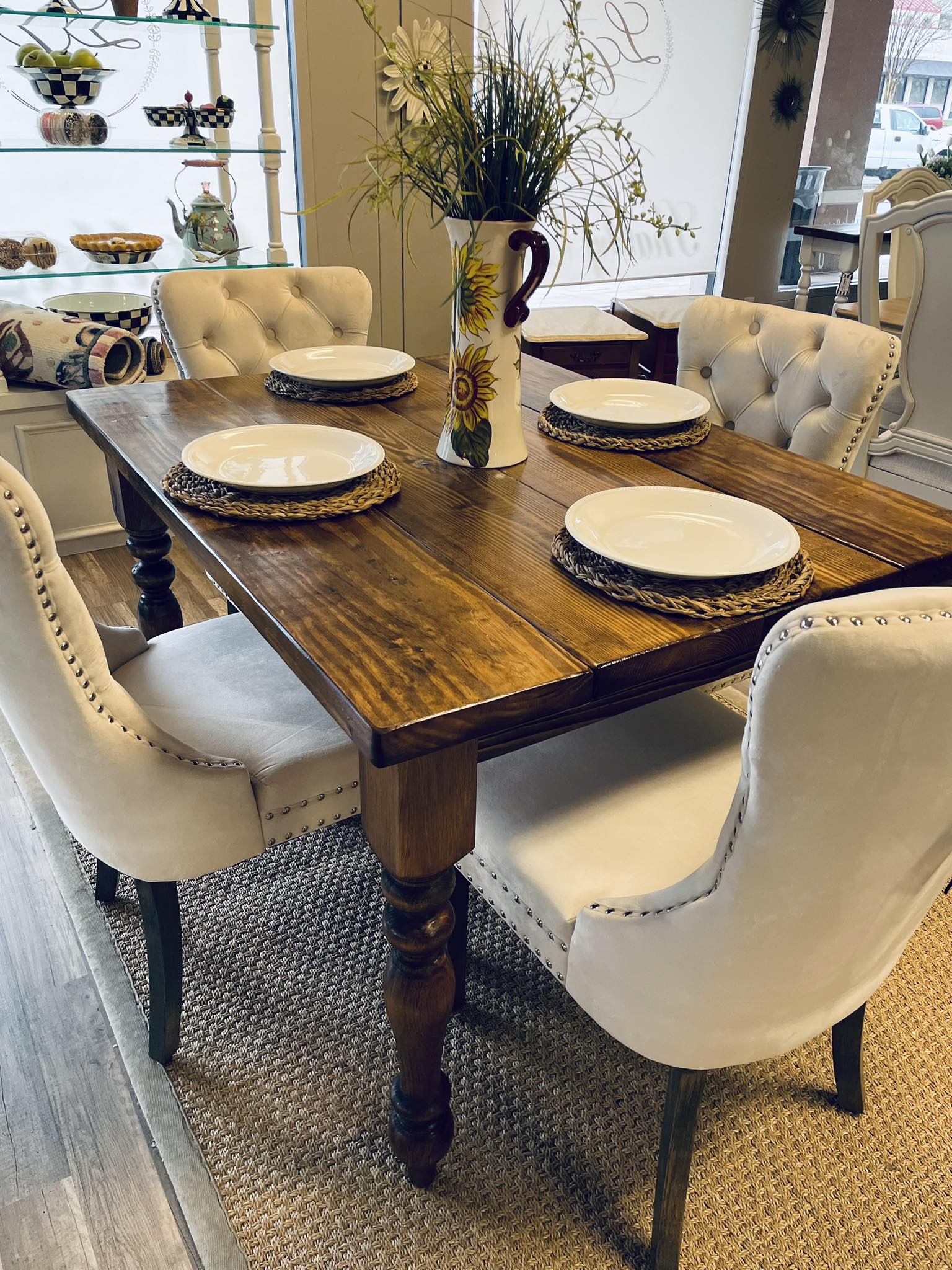 LaBelle - Custom built dining table with four brand new velvet chairs ...