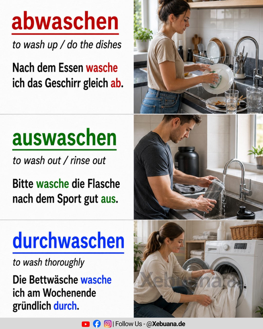 🇩🇪 abwaschen vs. auswaschen vs. durchwaschen 🇩🇪 Main difference: abwaschen = to wash off / wash dishes auswaschen = to wash out / rinse out durchwaschen = to wash thoroughly / wash