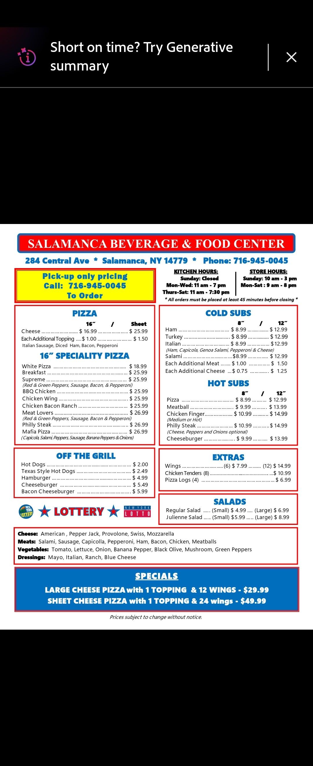 ラン Salamanca Beverage and Food Center new store hours and Sunday