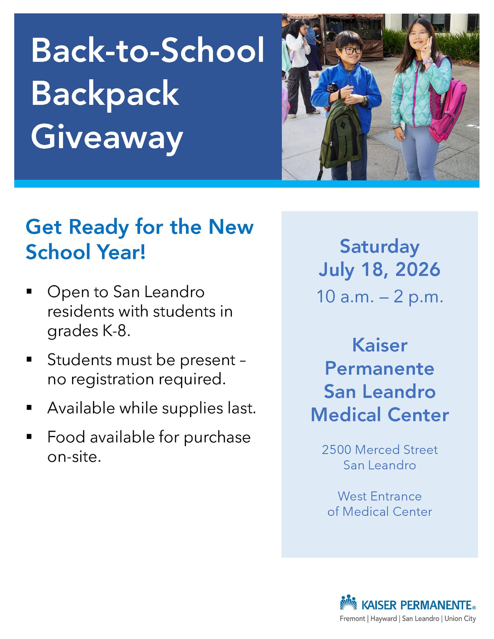 Free backpack giveaway for San Leandro students grades K-8 on July 18