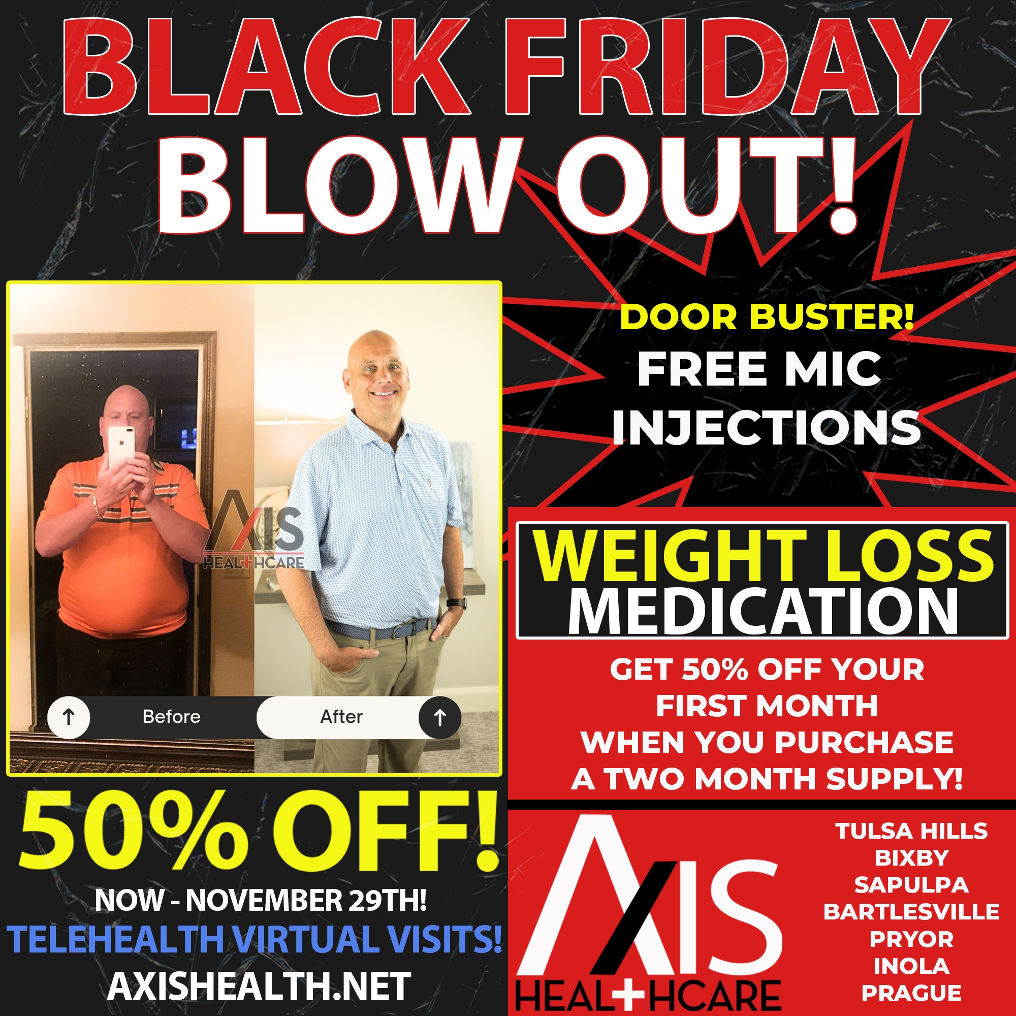Our best weight loss deal yet! All patients, new and established, get 50% OFF the first month of medication when you purchase a 2-month supply! PLUS a free MIC injection with purchase!