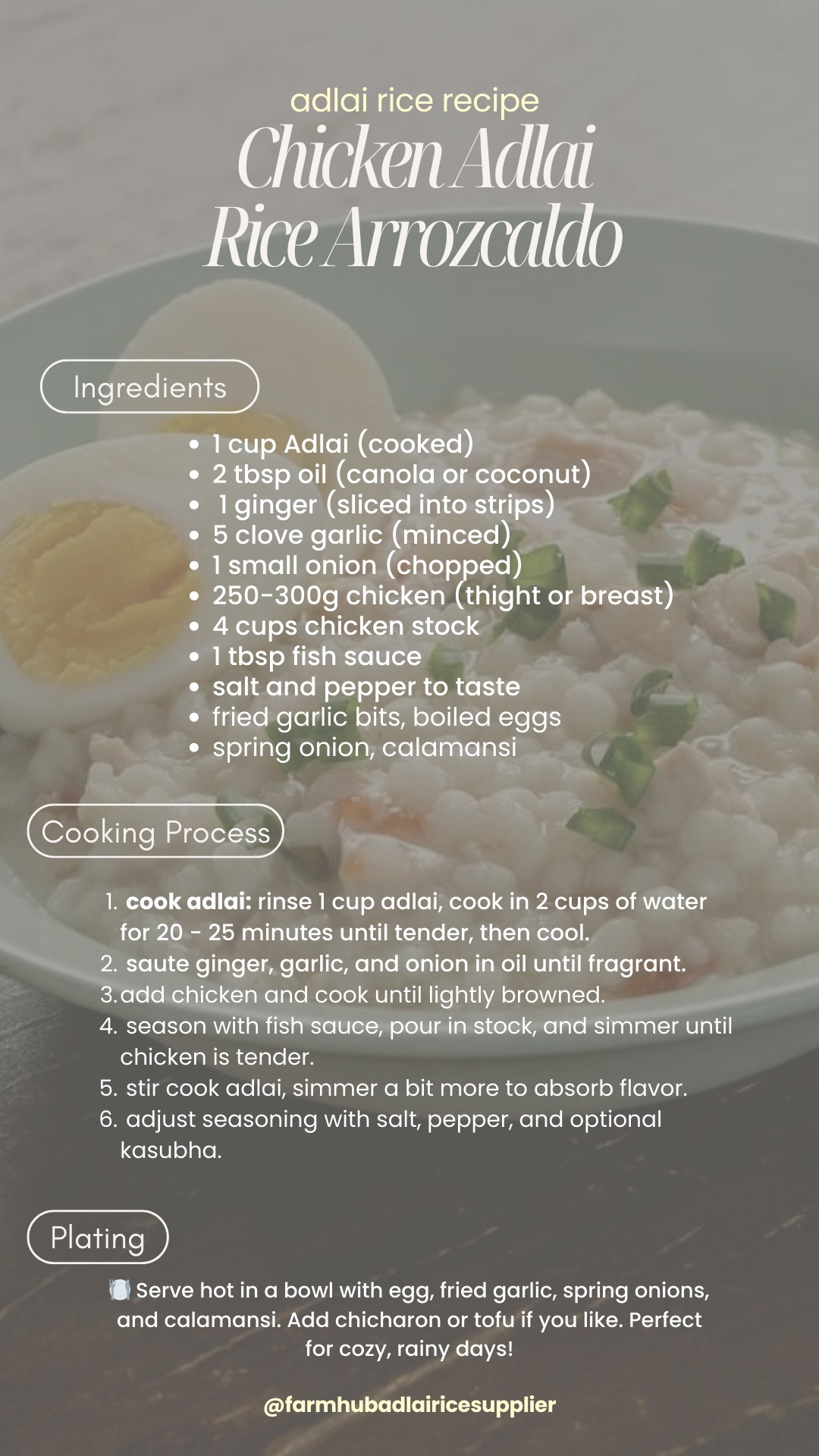 𝗔𝗗𝗟𝗔𝗜 𝗥𝗘𝗖𝗜𝗣𝗘 𝗙𝗢𝗥 𝗧𝗢𝗗𝗔𝗬! 🍲 Chicken... - Farmhub Adlai Rice | Facebook
