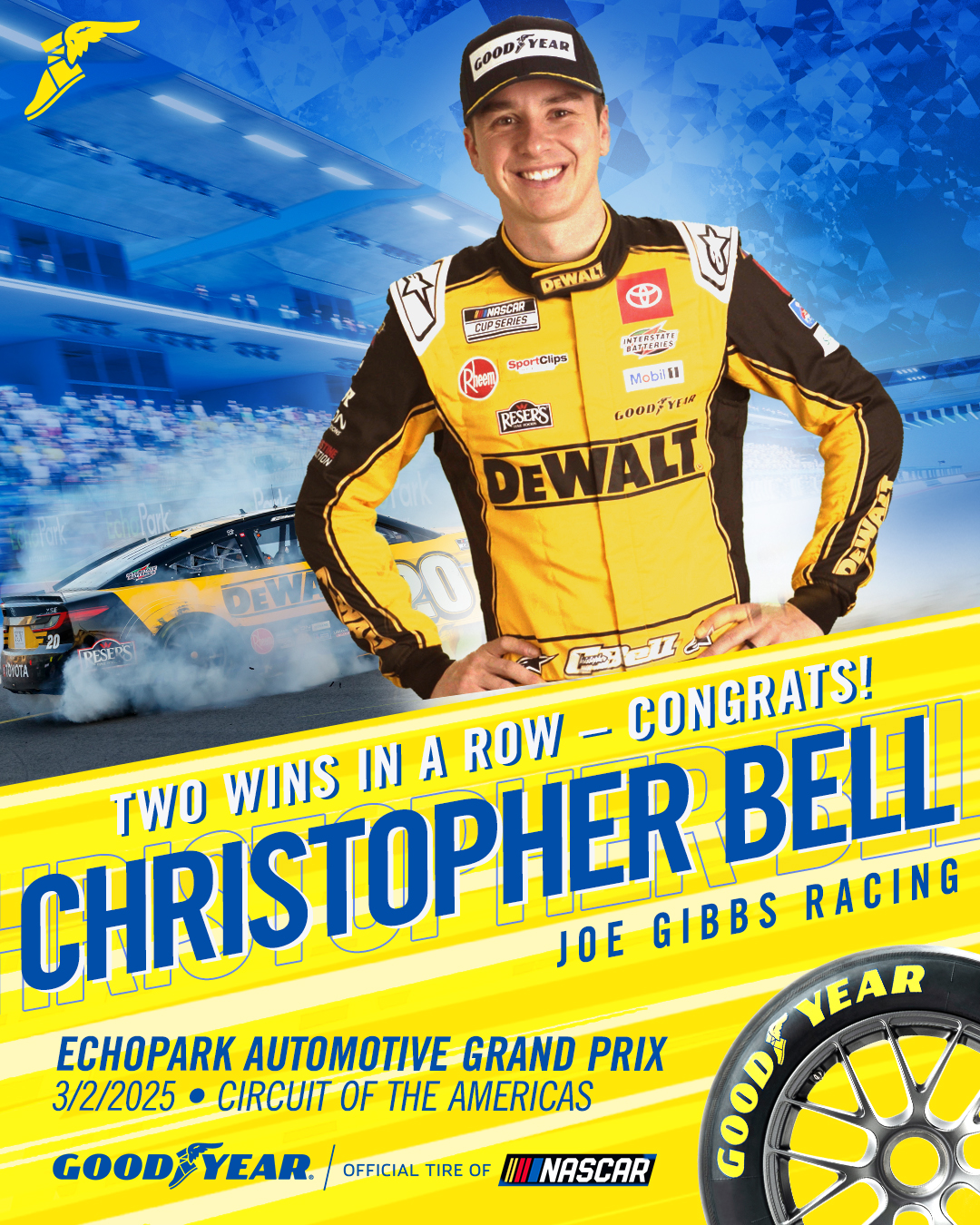 Goodyear - Christopher Bell & Joe Gibbs Racing surged to... | Facebook