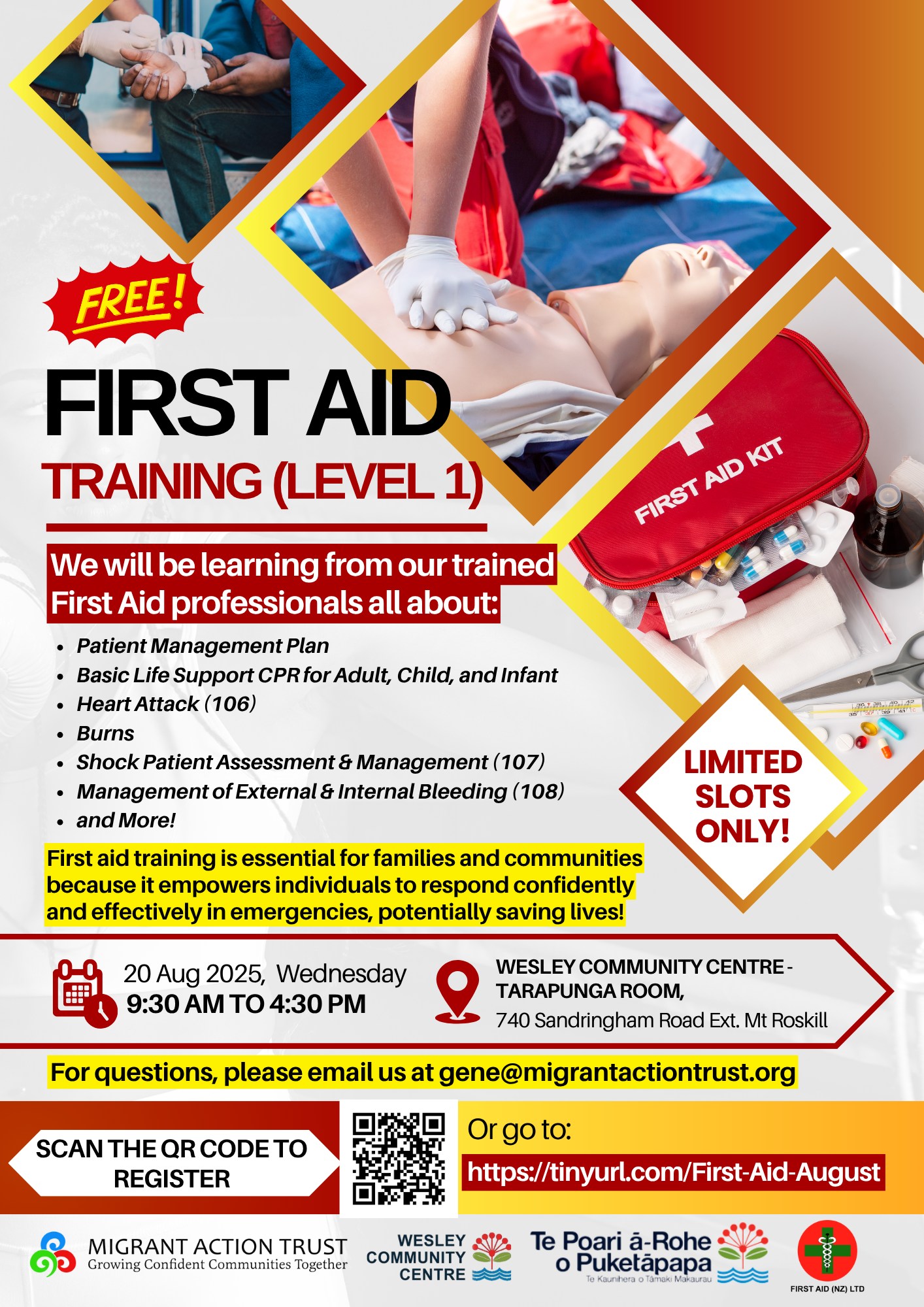 FREE First Aid Training (Level 1) |... - Wesley & RYZ Centre | Facebook