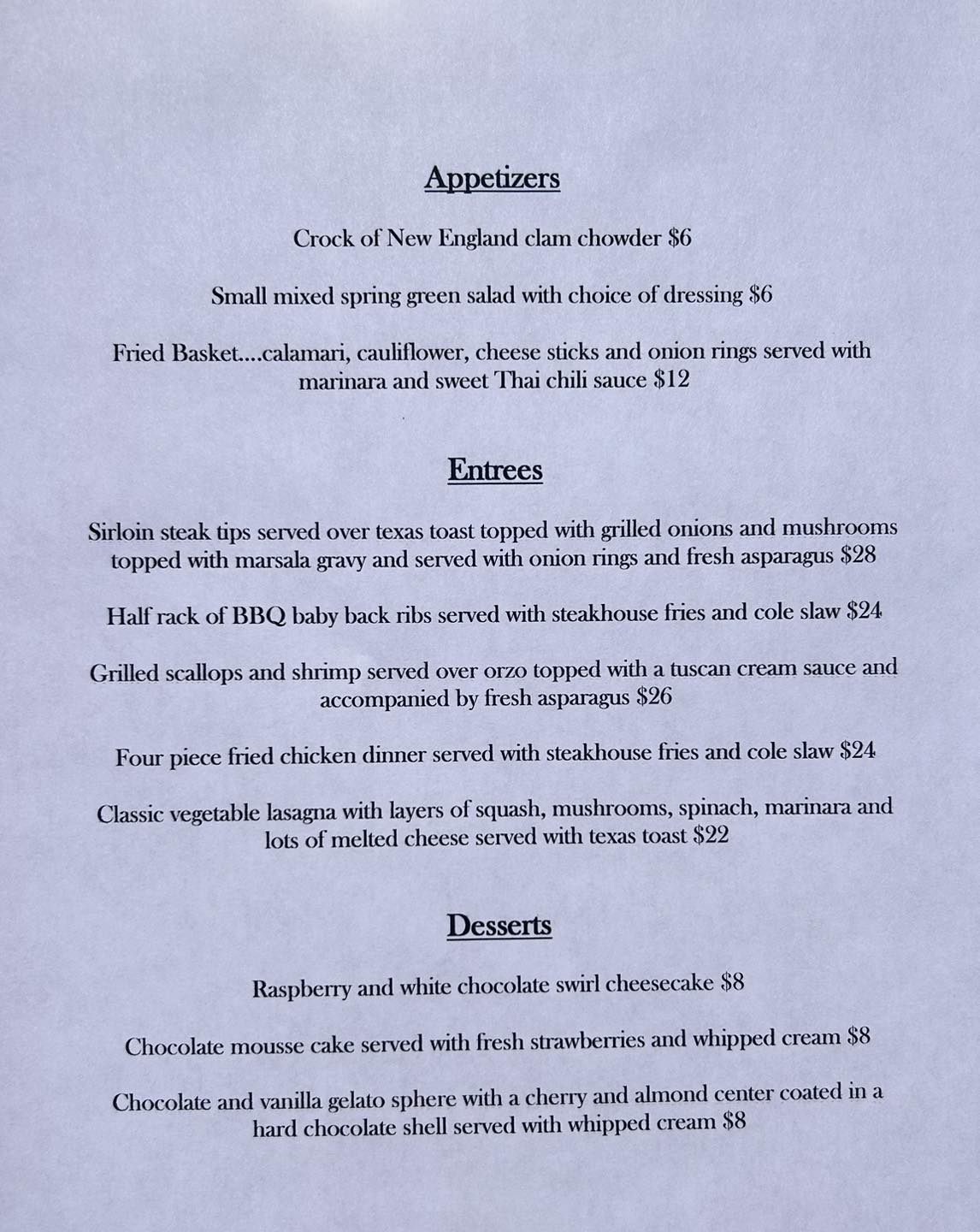 Dinner menu for Friday,... - Newcomb Cafe and Campground