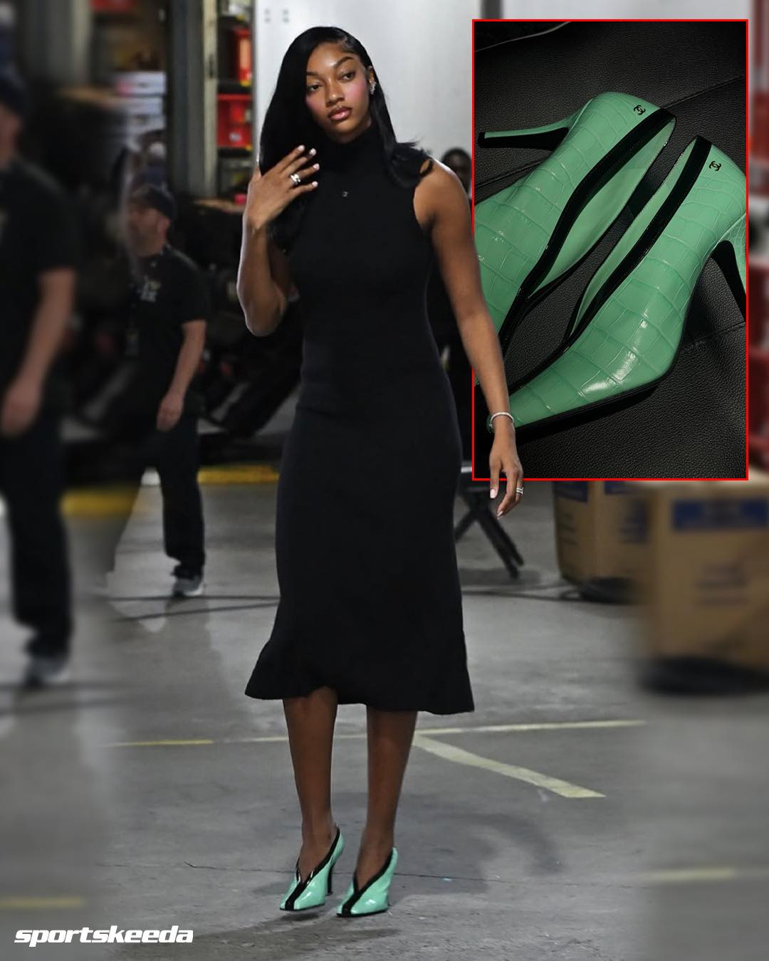 black dress green shoes Angel Reese in a classic all-black look with those mint heels in NYC is everything 😍🔥 #nba #atlanta #angelreese #wnba on platform sneaker in