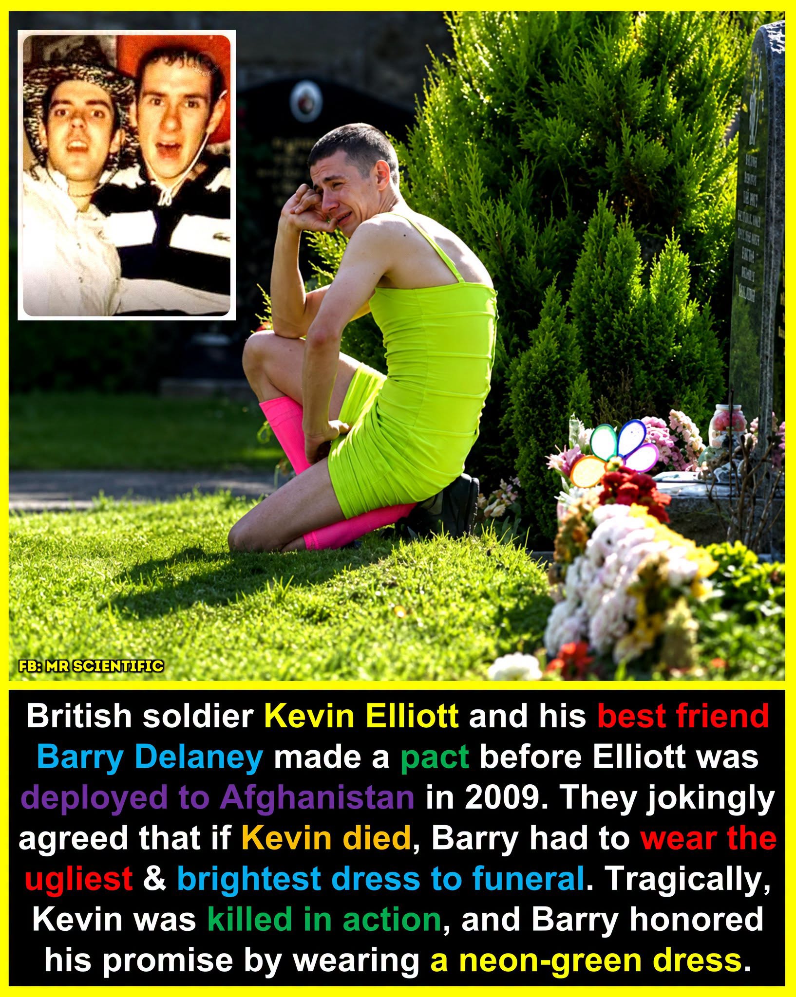 British soldier keeps promise, wears neon-green dress to friend's funeral