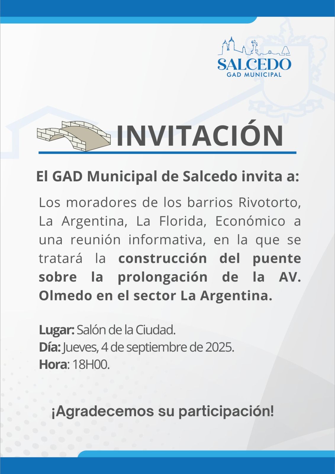 #Comunicado |🚧🛣️ Invitados... - GAD Municipal de Salcedo | Facebook