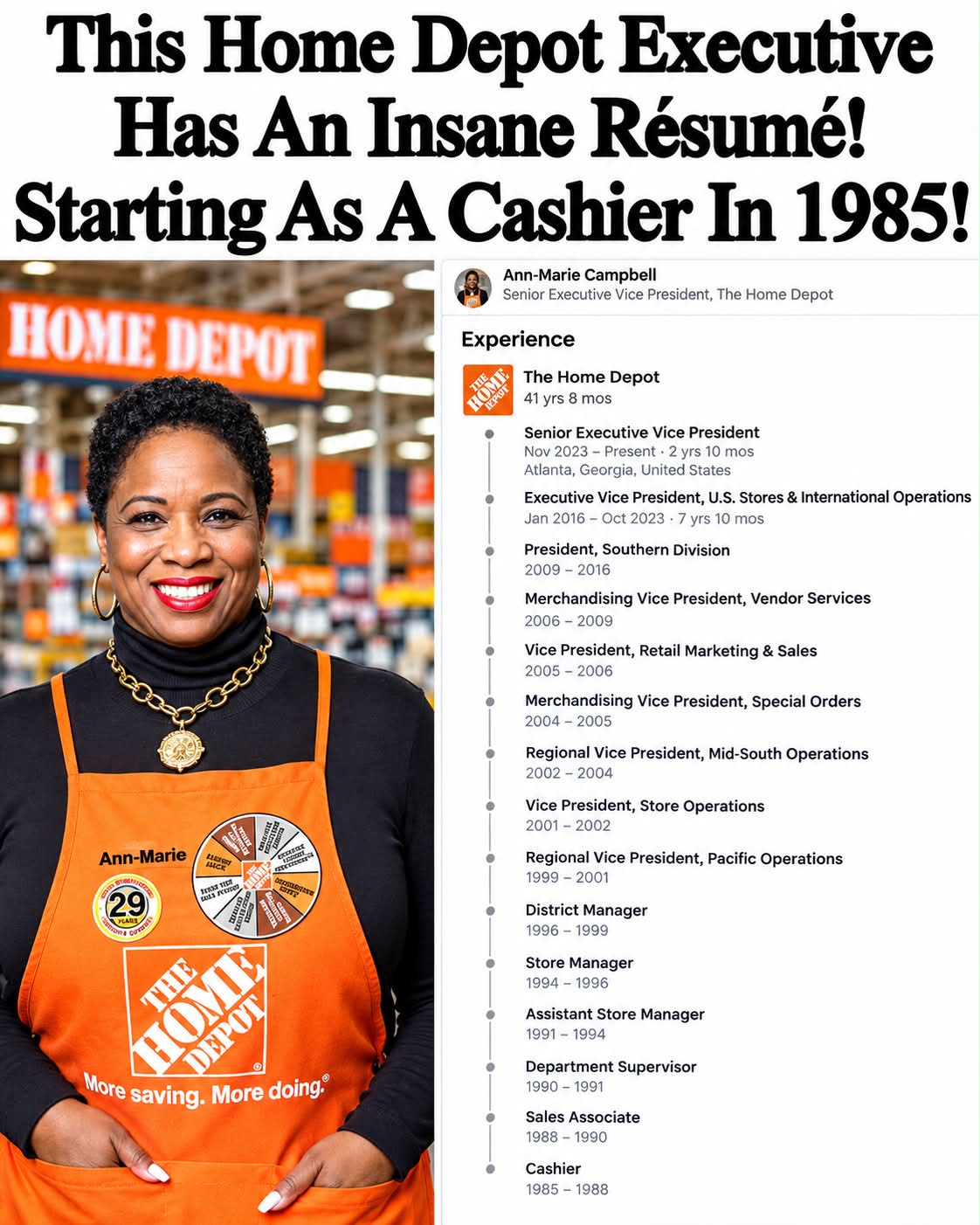 Ann-Marie Campbell's rise at The Home Depot from cashier to senior