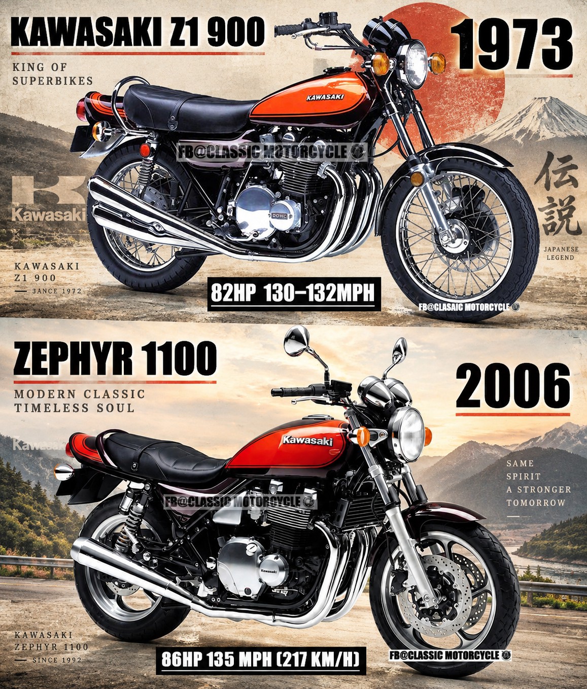 1973 Kawasaki Z1 900 vs 2006 Kawasaki Zephyr 1100** Two