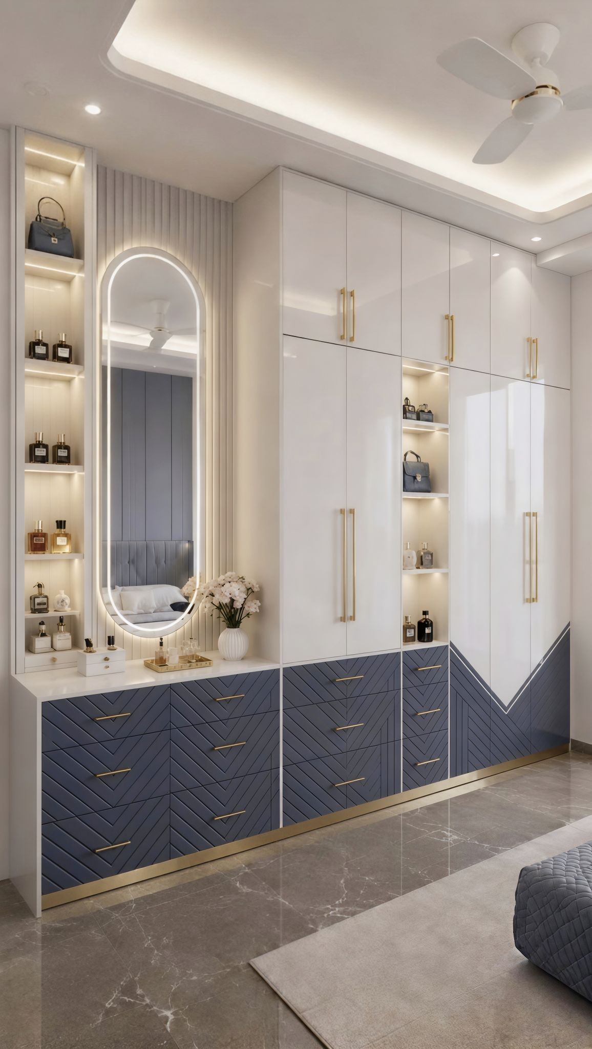 wardrobe design with dressing table Beautiful ❤️❤️ Connected Apparel | Cocktail mid wash denim Full wall Color:Bark