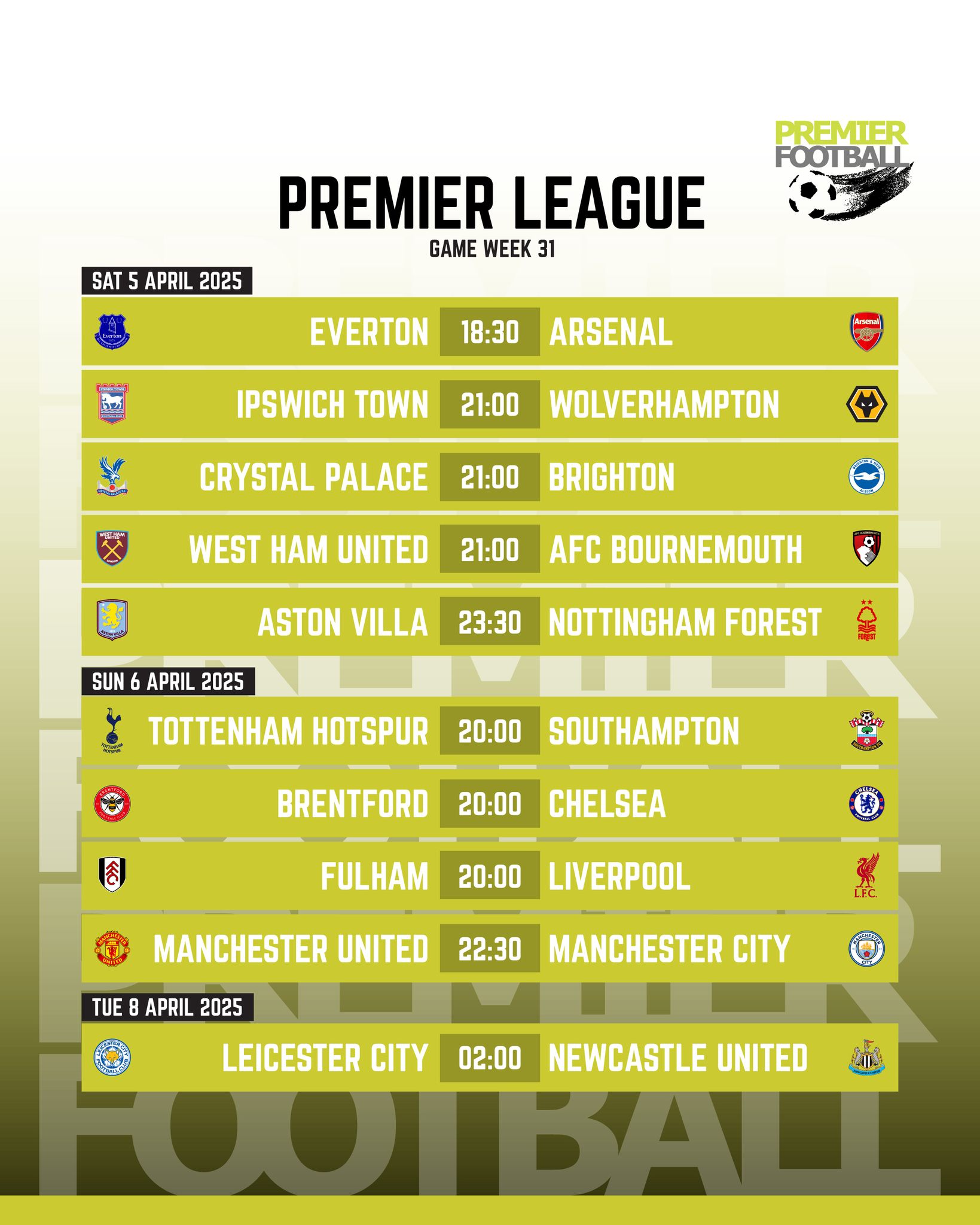 Premier - #Fixtures Premier League – Matchweek 31 ...
