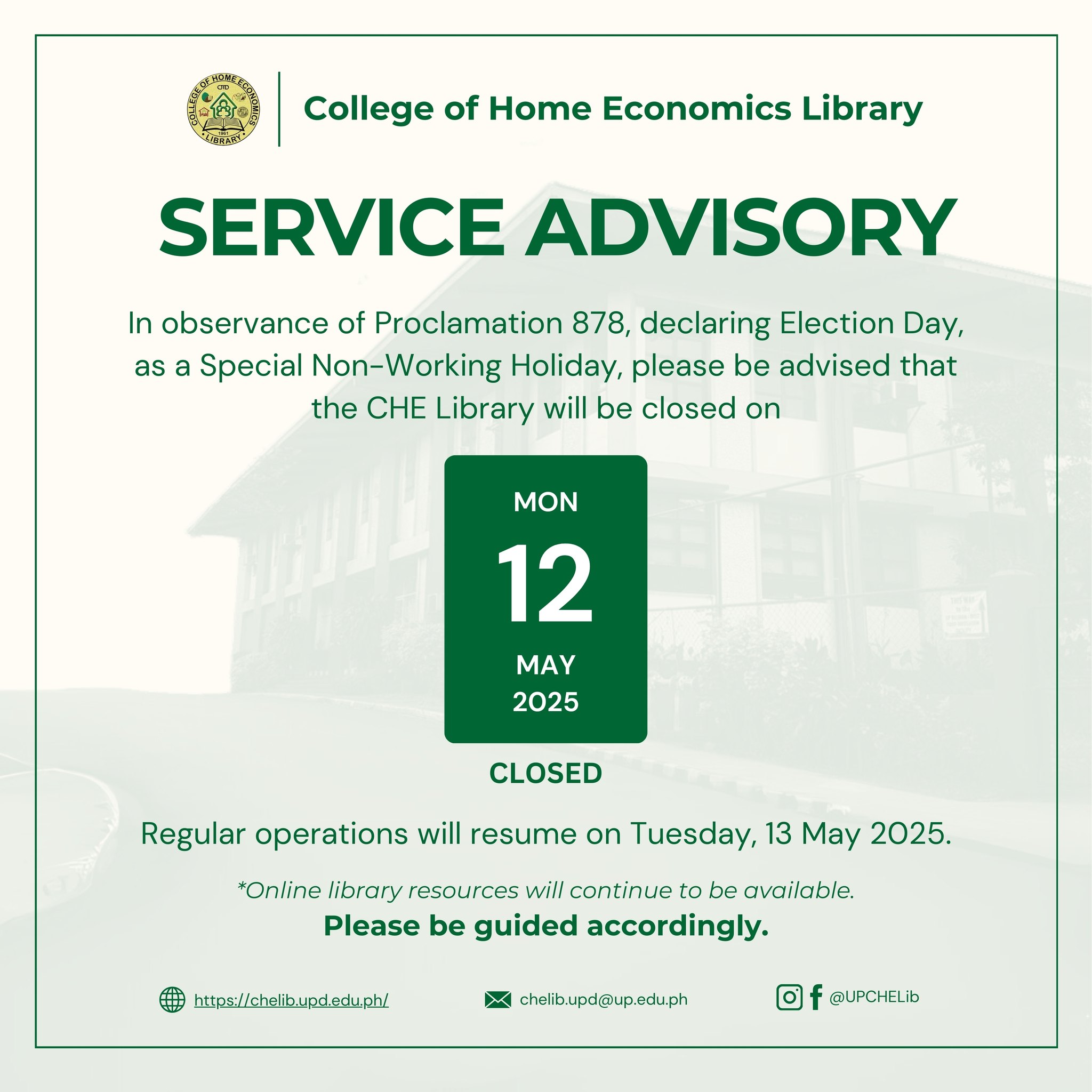 UPD - ⚠️ SERVICE ADVISORY⚠️ In observance of Proclamation 878 ...