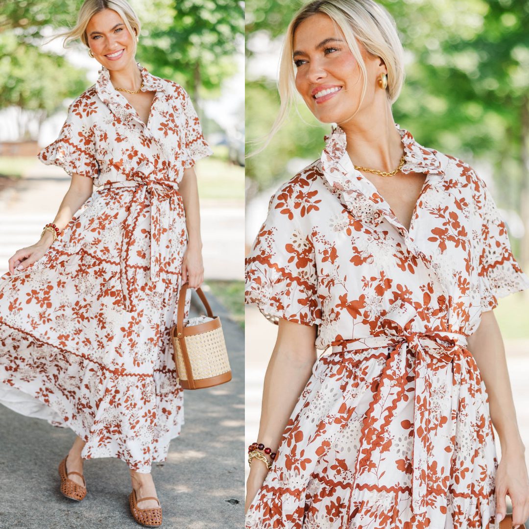 autumn flowy dress The prettiest way to wear color. 🤍 Cream and rich rust come together in a floral maxi made for all those special fall moments. Shop This >> https://the-mint-julep.visitlink.me/5znHuT fall weddings