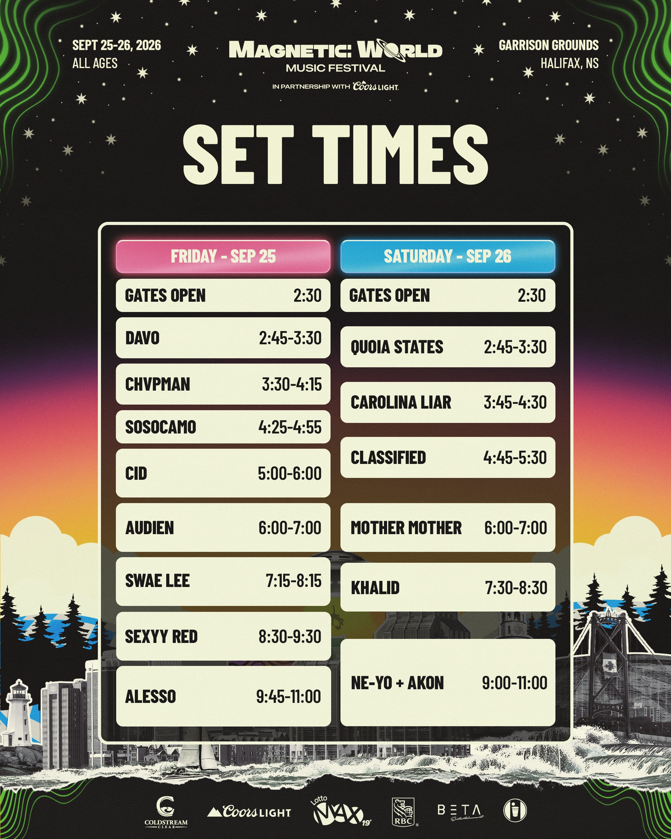 Magnetic World Music Festival set times for September 25-26, 2026