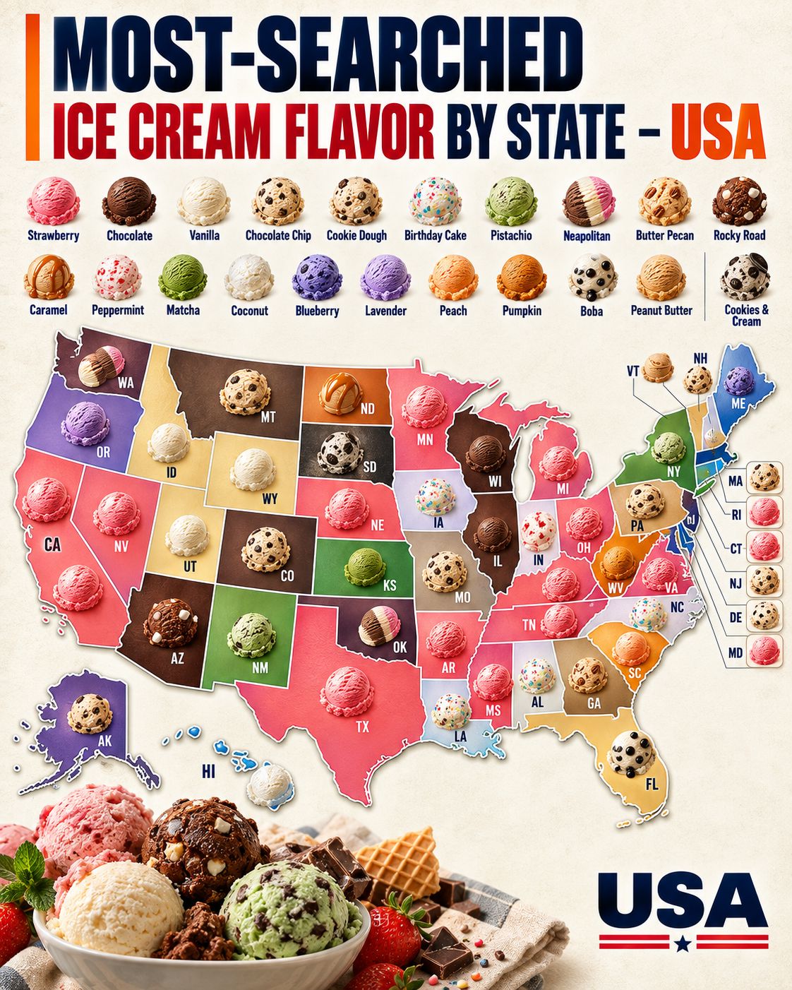 Most searched ice cream flavors in the US by state