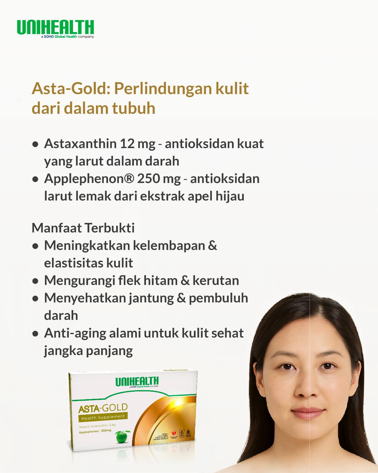 Skincare kamu sudah bagus, tapi hasilnya belum maksimal? Mungkin karena kamu lupa lindungi kulit dari dalam. Asta-Gold mengandung kombinasi 2 antioksidan kuat: 🌿 Astaxanthin 12mg (larut darah) 🍏 Applephenon®️ 250mg (larut lemak)
