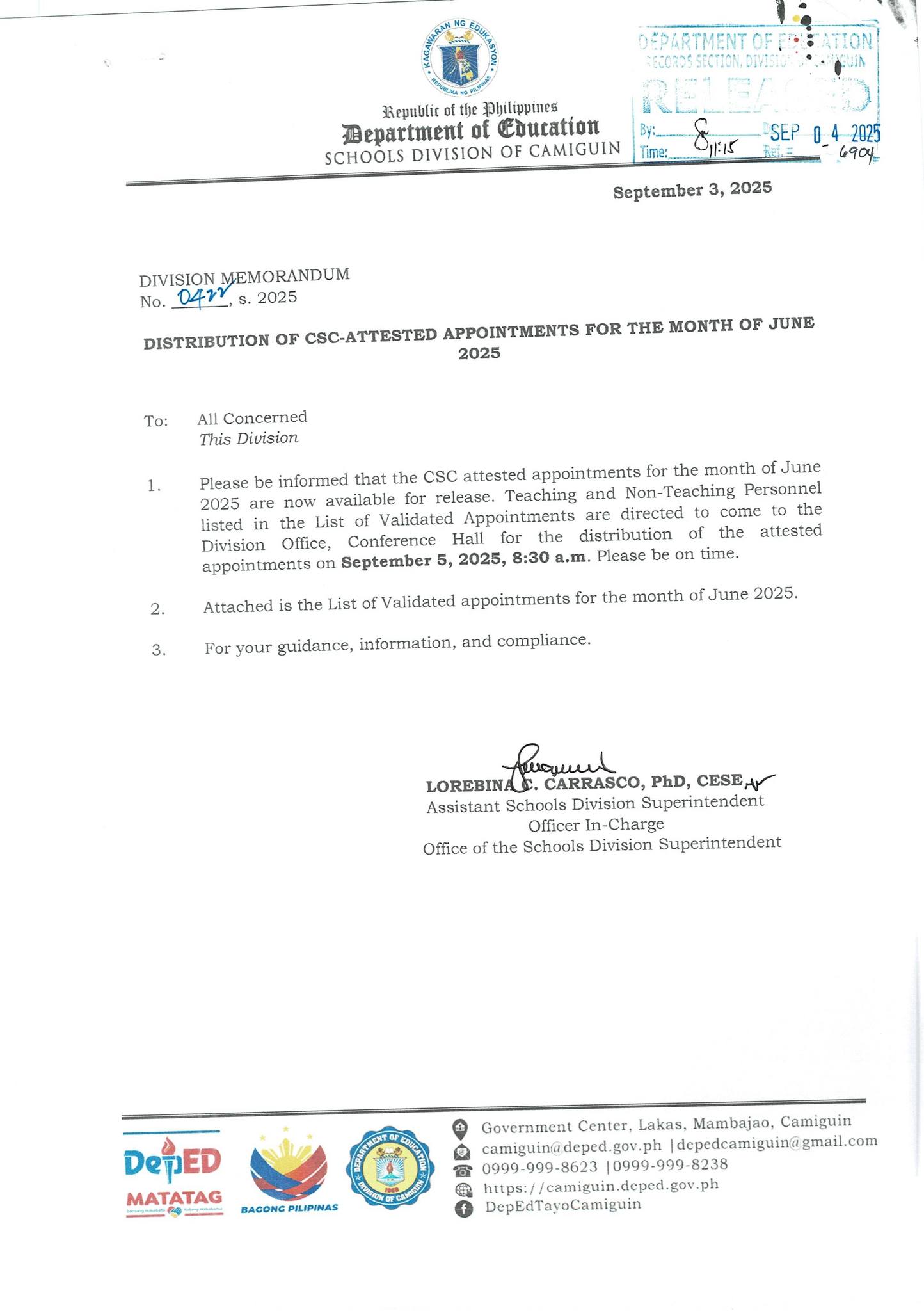 DepEd Camiguin - DM No. 0422, s. 2025 Distribution of... | Facebook