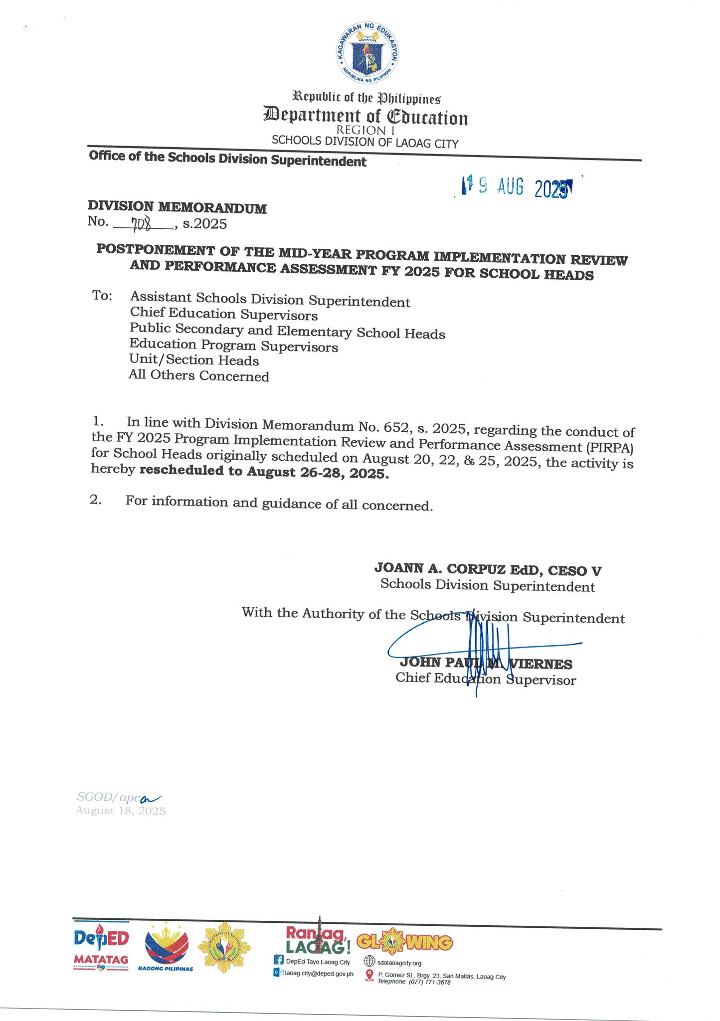 DepEd - DIVISION MEMORANDUM NO. 70 , s. 2025 𝐏𝐎𝐒𝐓𝐏𝐎𝐍𝐄𝐌𝐄𝐍𝐓 𝐎𝐅 𝐓𝐇𝐄 𝐌𝐈𝐃 ...