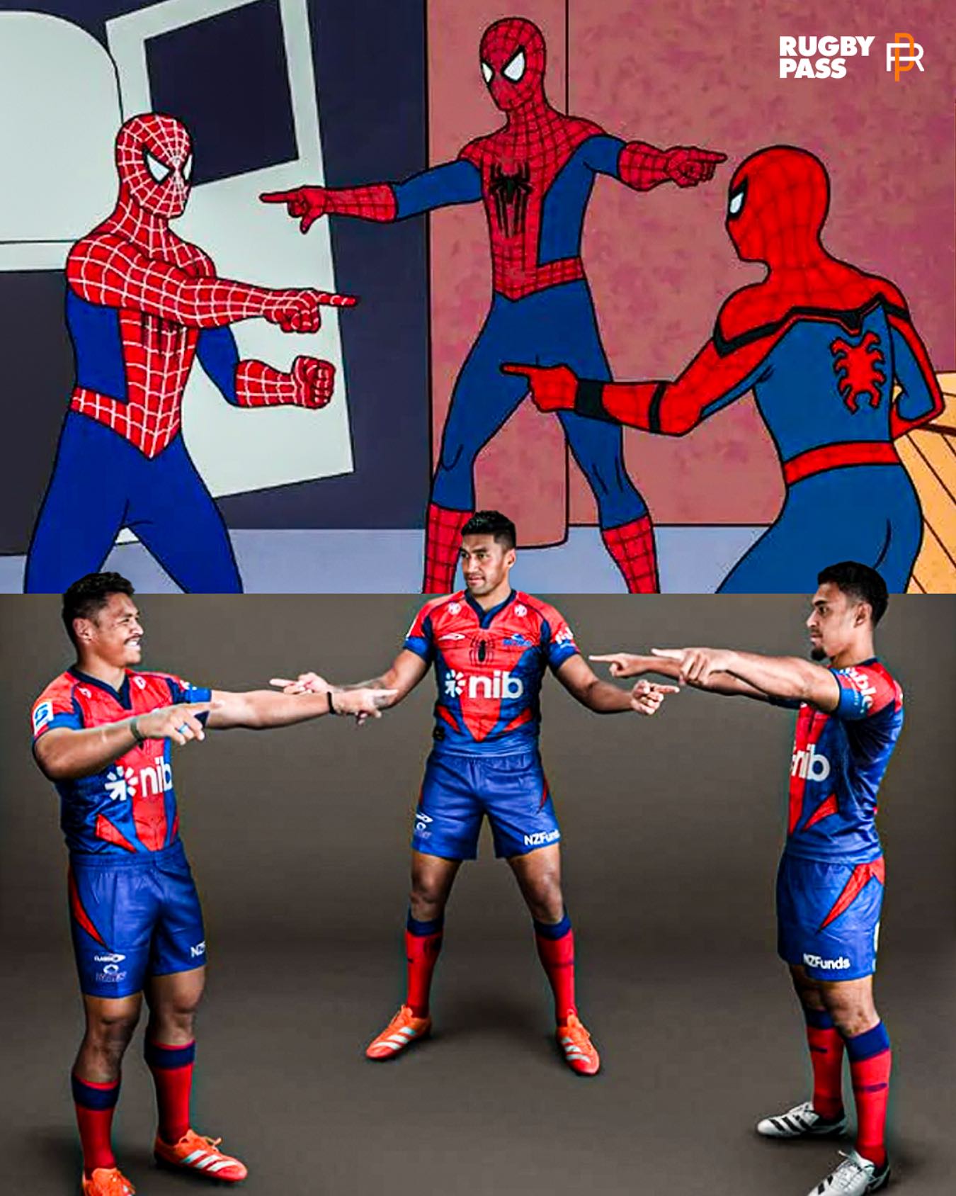 bluesrugbyteam showcasing their new Spider-Man kits with the