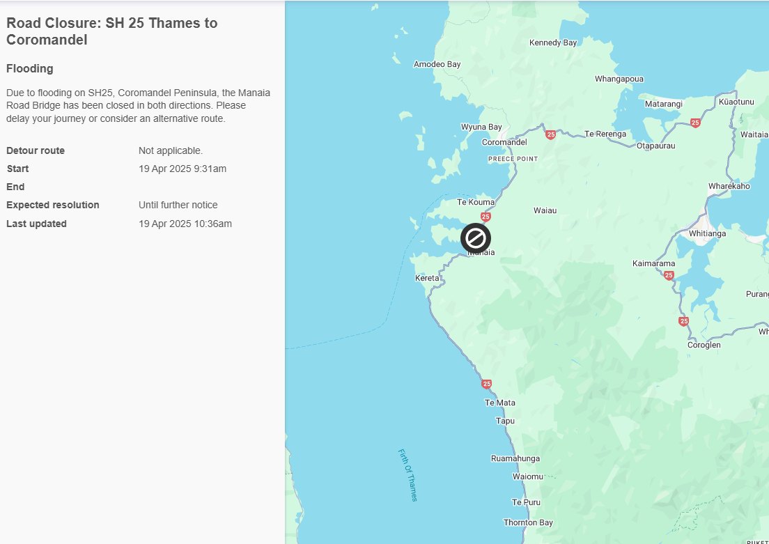 NZ - SH25 THAMES TO COROMANDEL - ROAD OPEN FINAL UPDATE 1PM, SAT 19 APR ...