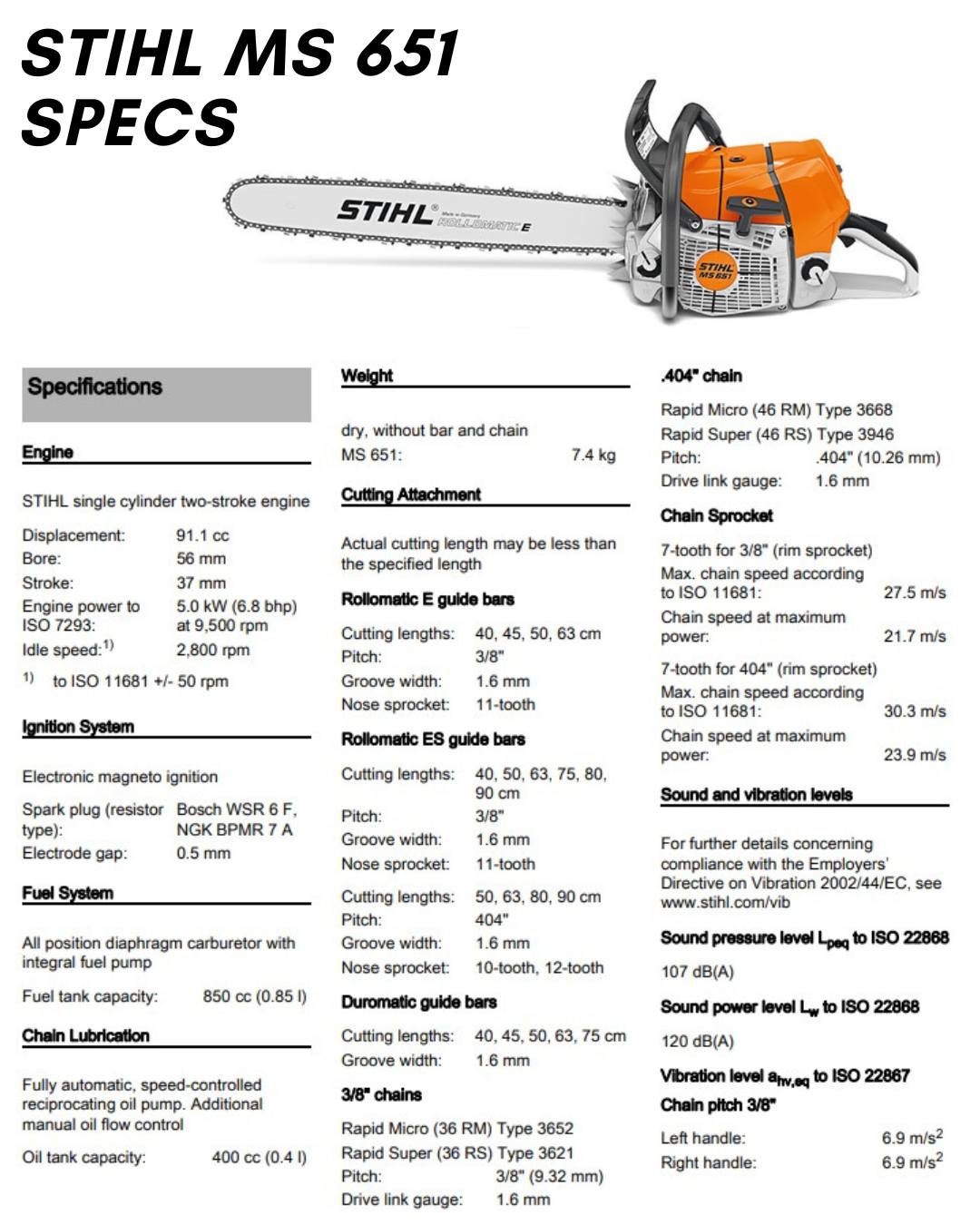 Specs for the 91 cc STIHL MS 651, which is not sold in the USA