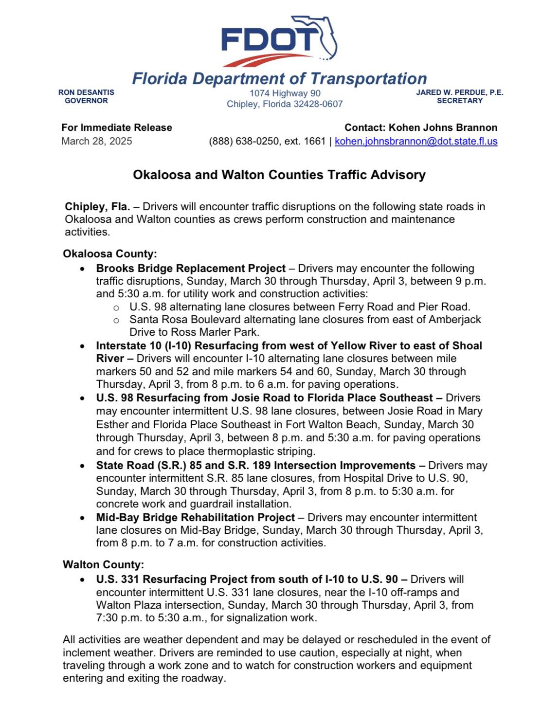 City of Crestview - **TRAFFIC ADVISORY** Below is the official release ...