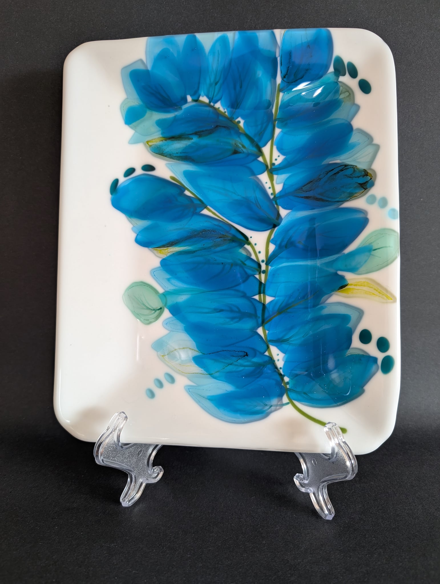 Handmade 15x12 fused glass platter with blue and yellow glass