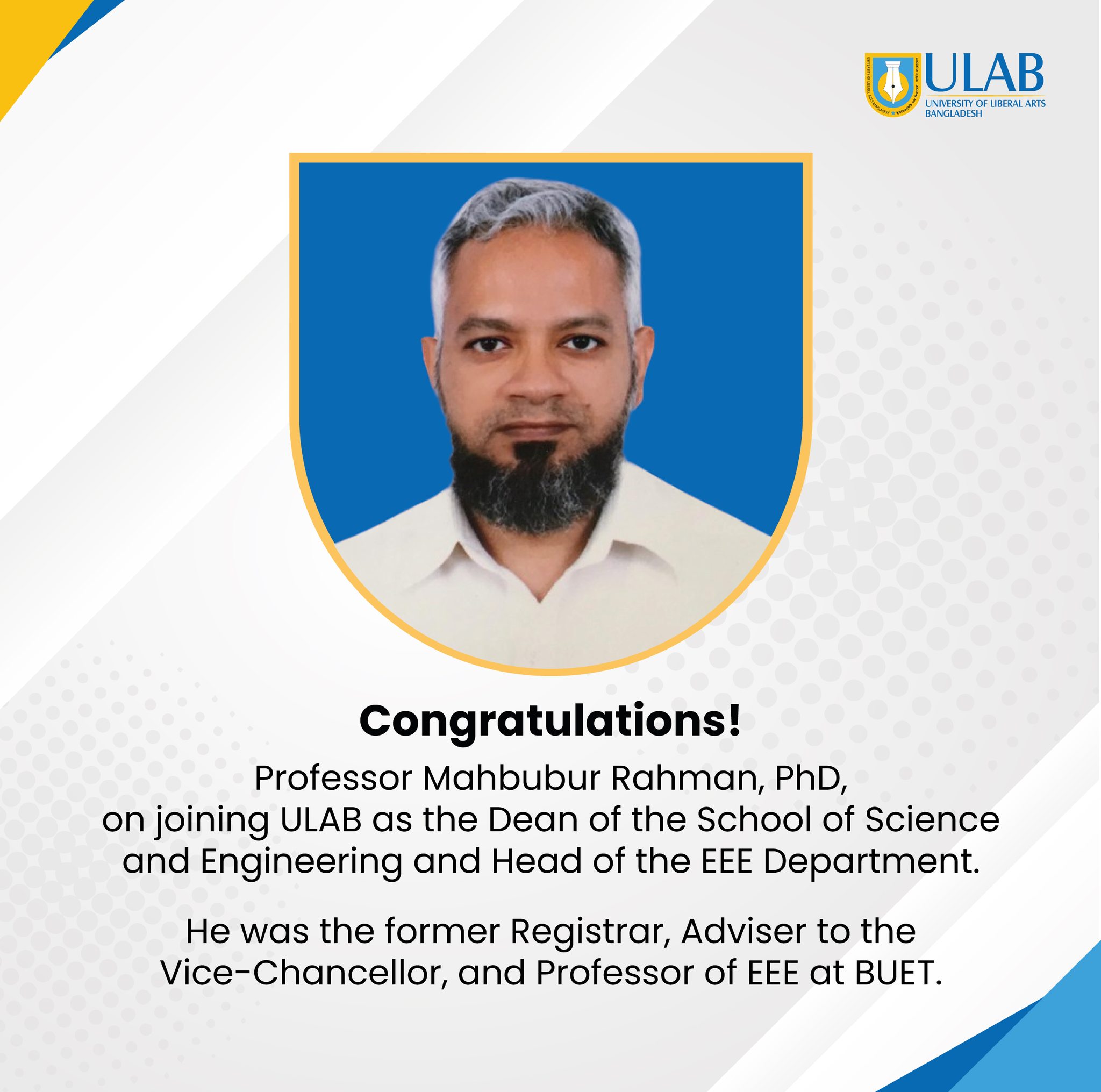 ULAB - We’re excited to announce that Professor Mahbubur Rahman, PhD ...