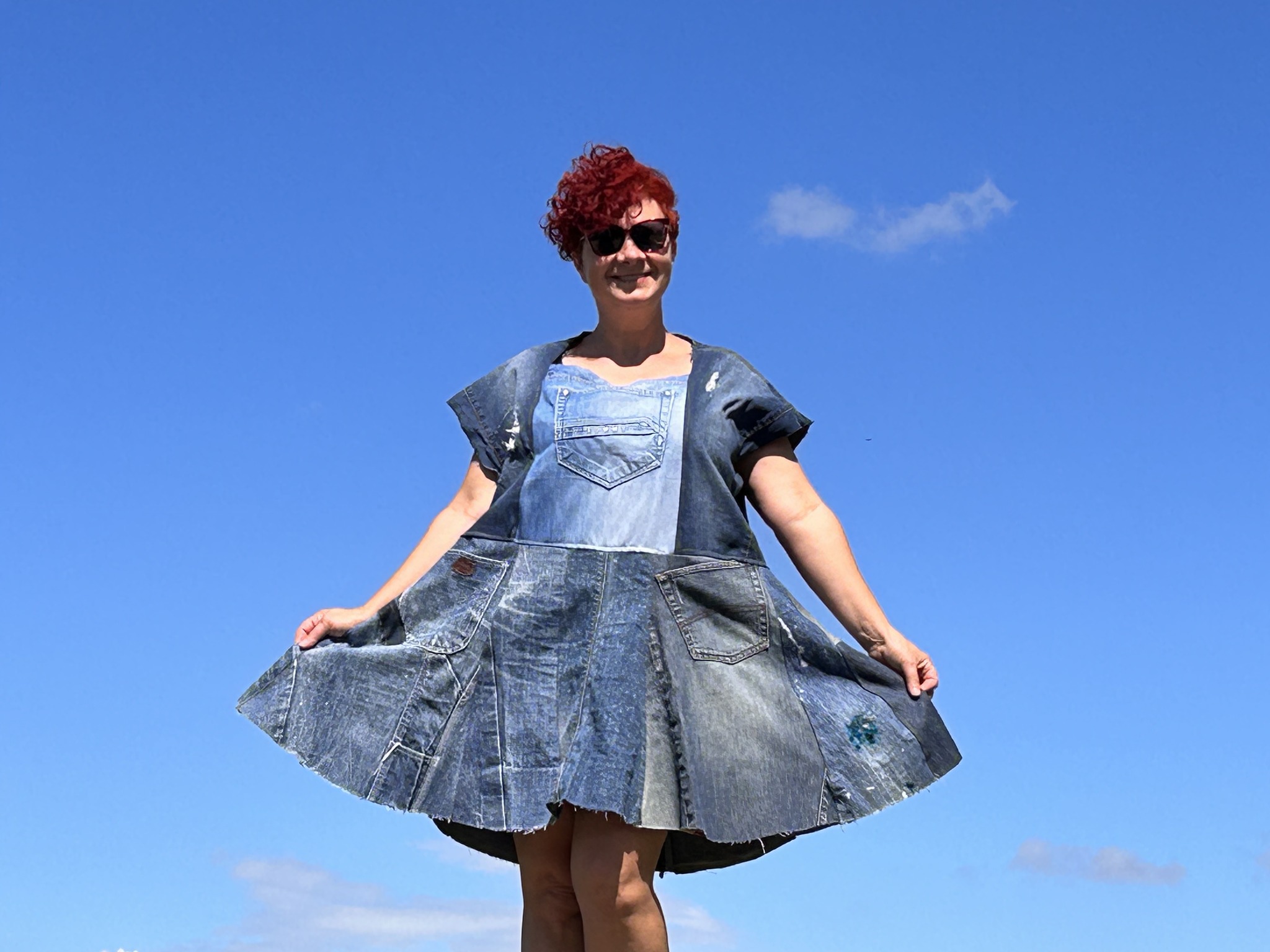 upcycle denim dress James Braided racerback straps Upcycled Denim Patchwork Dress -XL