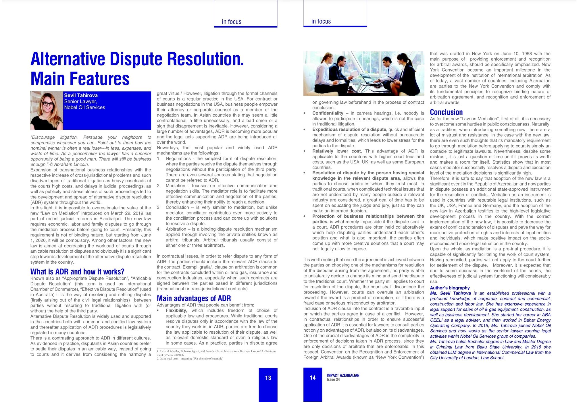 Nobel Oil Services Alternative Dispute Resolution Main Features Article By Mrs Sevil Tahirova Senior Lawyer At Nobel Oil Services Impact Azerbaijan Magazine Amcham Link To The Full Text Of The