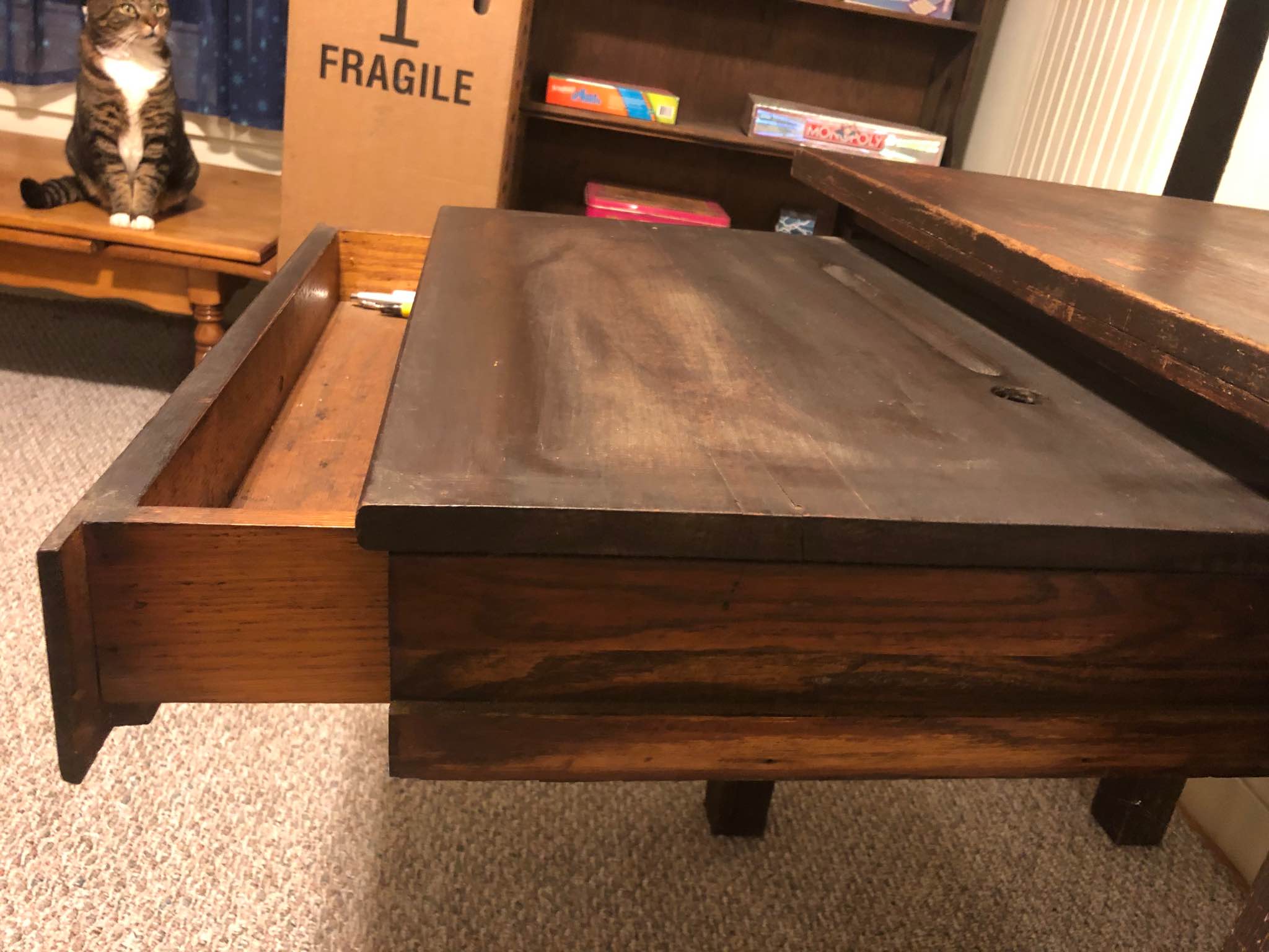 Mission tiger oak writers table. turn of century. Drawer inside a drawer