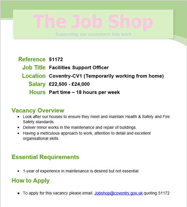 Coventry City Council Job Shop Vacancy A Part Time Facilities Officer Role Has Been Made Available In The Cv1 Area Experience In Facilities Management Is Desirable But Not Essential Please See