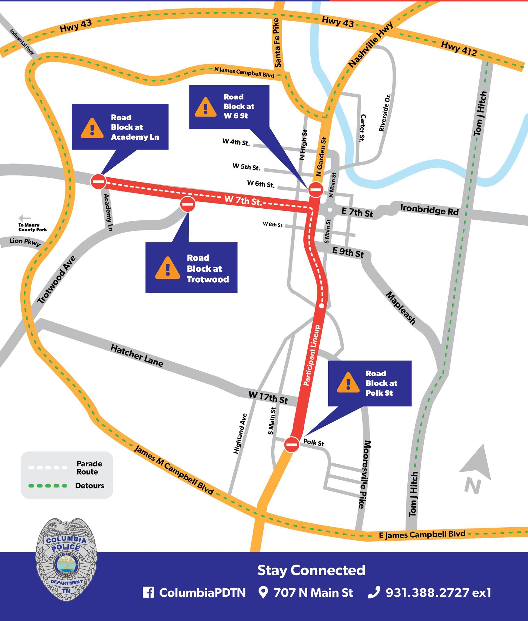 Columbia Police Department, Tennessee - Mule Day Parade Map and ...