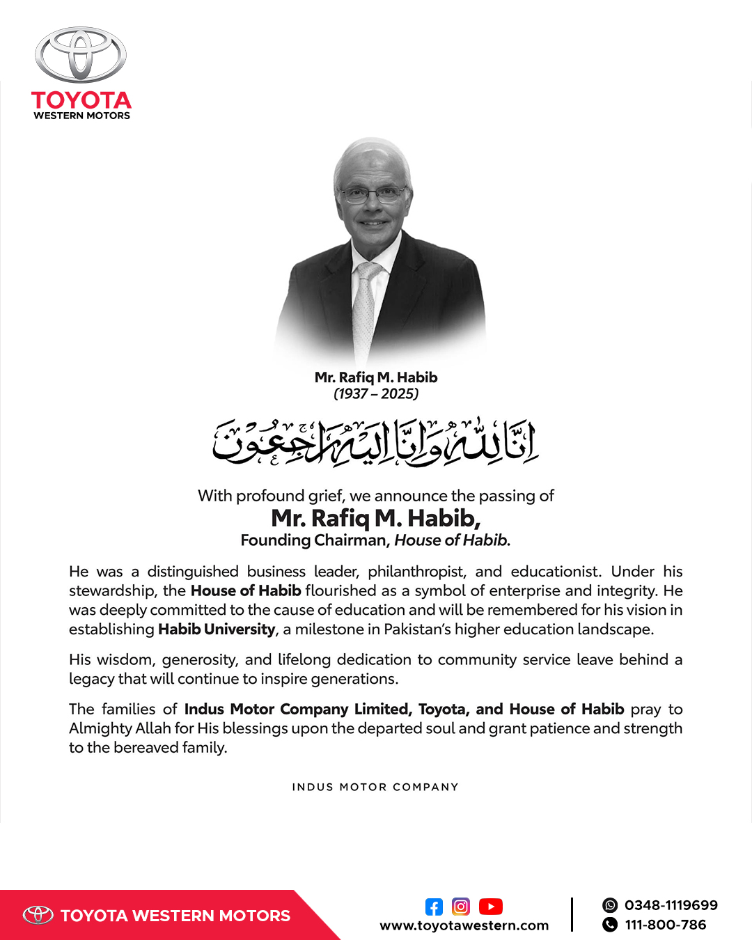 Toyota - In Loving Memory of Mr. Rafiq M. Habib We deeply mourn the ...
