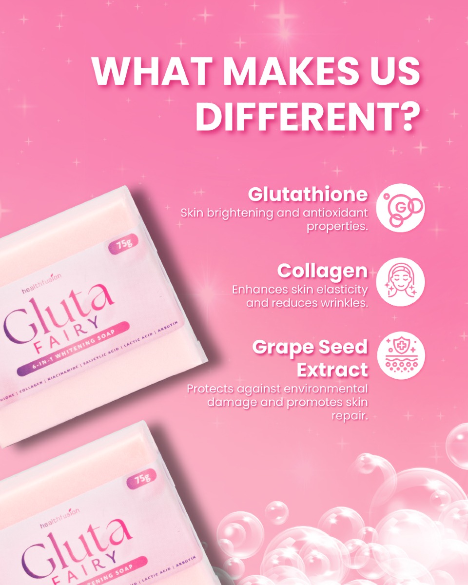 glutamax lightening soap with glutathione 75g product info and reviews Health Fusion isn't just your go-to for health wellness — we're here to take care of your skin and body, too! 💕 Say hello to our Gluta Fairy 🧚‍♀️ — 9.99 | B-12 Kit format:Capsules Size:2.70 fl.oz / 80ml