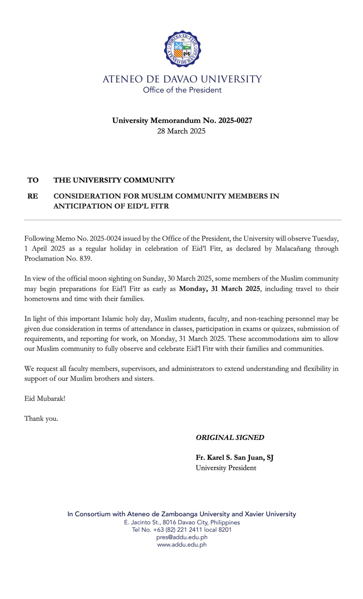 Ateneo de Davao University - University Memorandum No. 2025-0027 28 ...