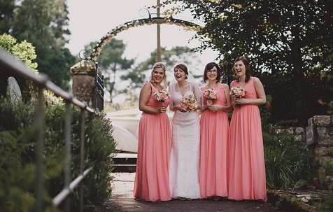 forherandforhim bridesmaid dresses Not too pink, not too orange, it's just there. All the ladies look absolutely elegant in these dresses! Model 0117879 Color: Apricot Blush https://www.forherandforhim.com/collections/all-dresses Enjoy adjustable straps summer sun dresses David's Bridal Galina Signature Size:XL 17 - 17 ½