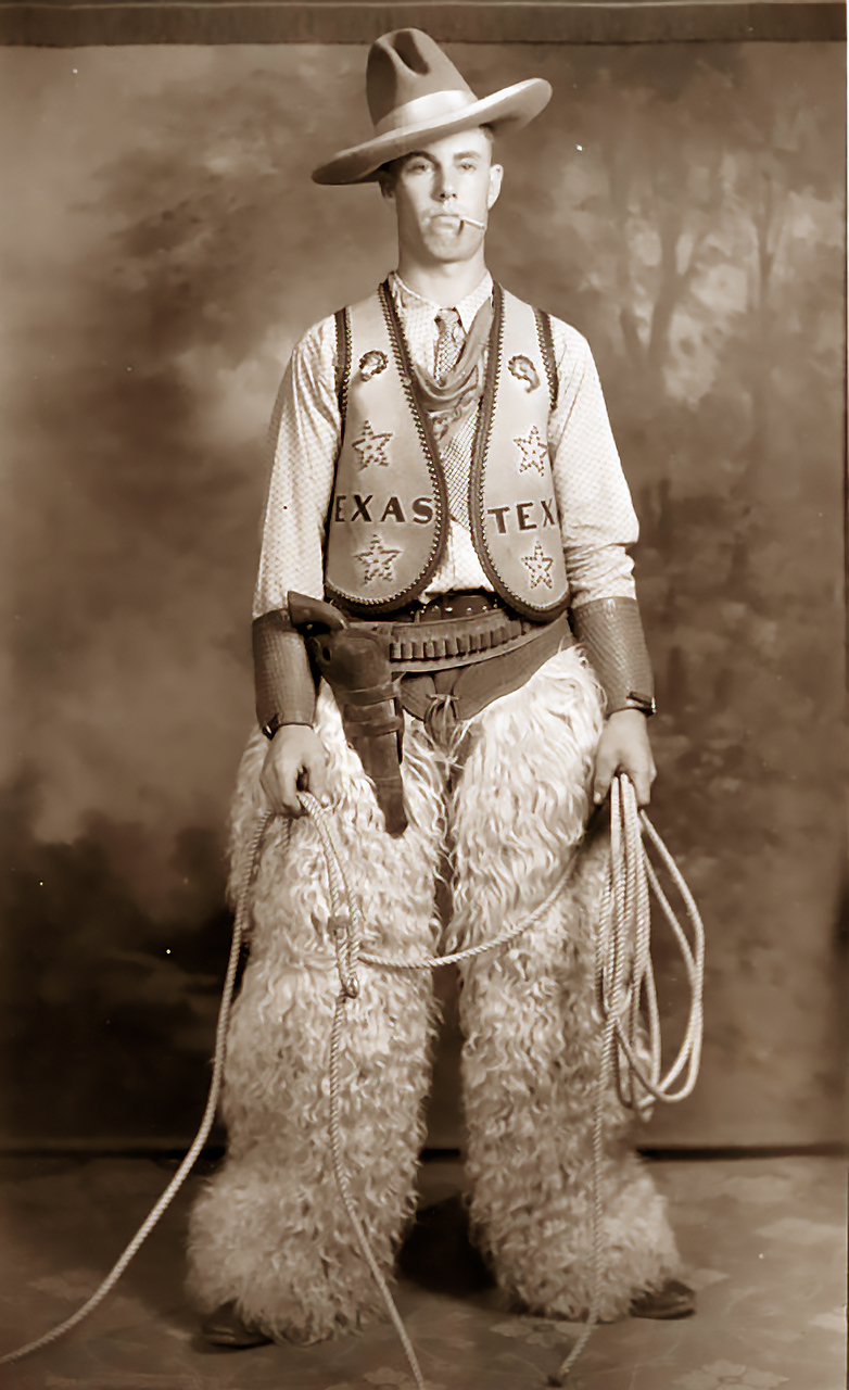Many of the photos in SMU's Degolyer Library's archives are sensational.  Check out this Texas cowboy circa 1915. Wooly chaps, cigarette, revolver,  hat, Texas vest ... awesome. It's a studio portrait and