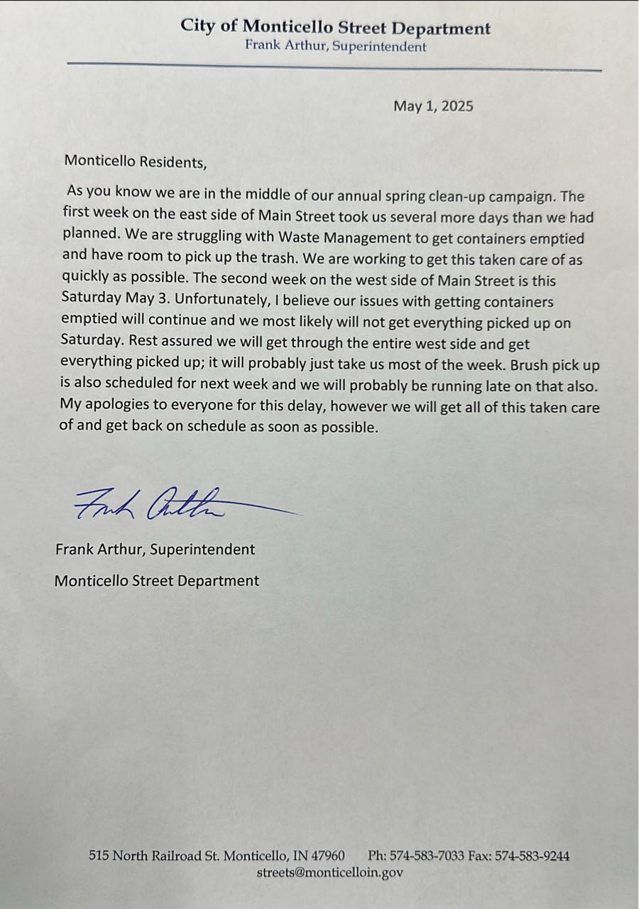 Monticello, - Please Note: UPDATE on Spring Cleanup: If you live West ...