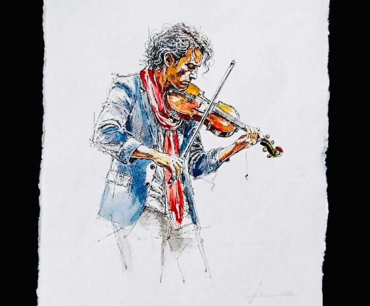 A violinist without a violin in war made from wire, pingpong balls
