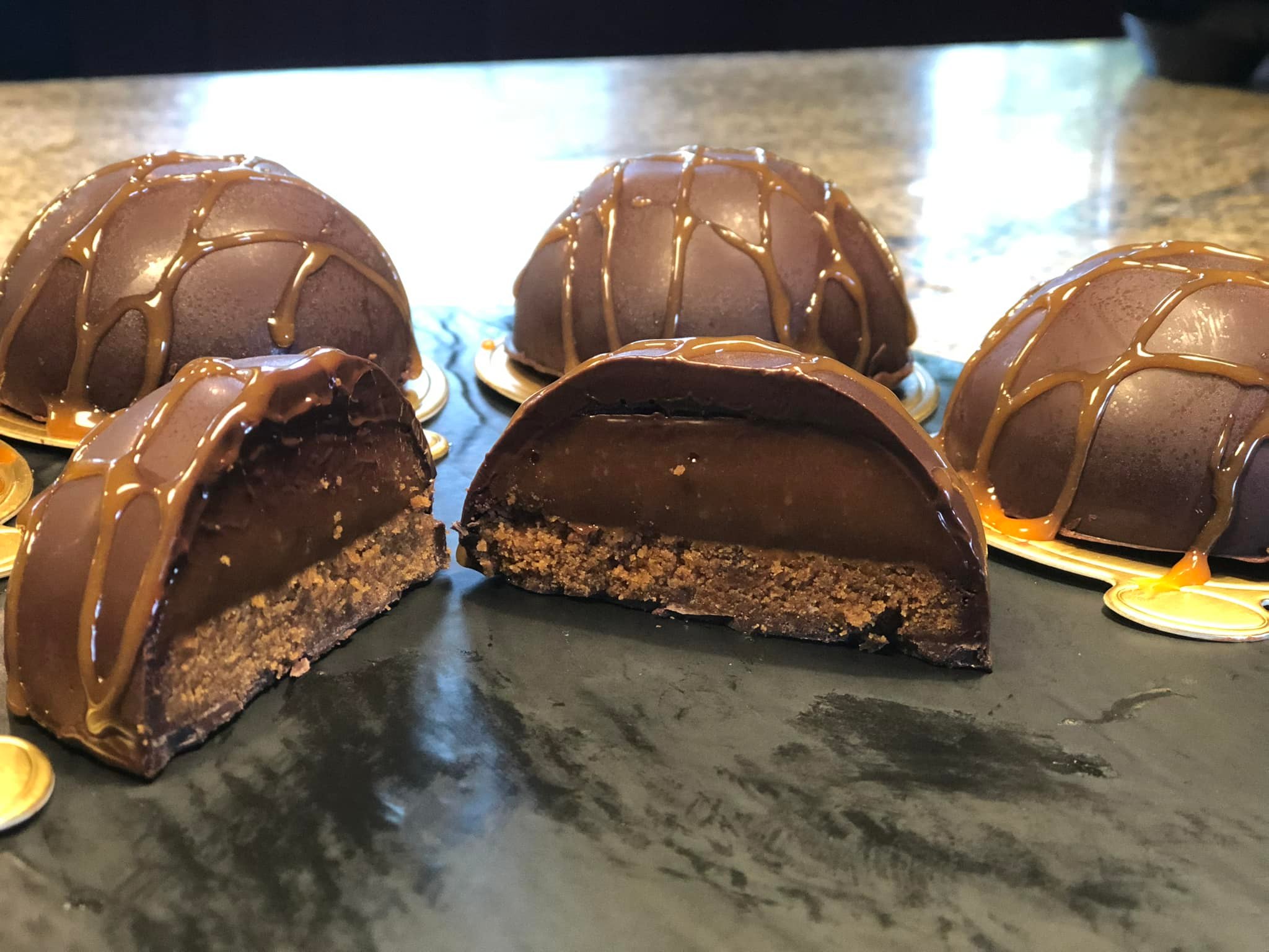 Blue - Biscoff domes $5 Chocolate shell, caramel, Biscoff cookie butter ...