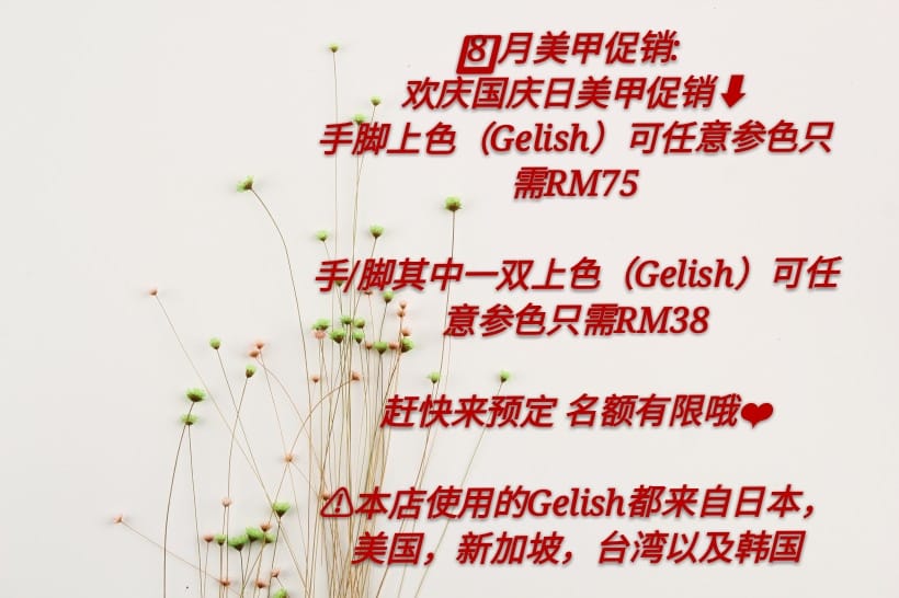 W Fashion Aesthetics Nail Kulai 欢庆国庆日 月促销 手脚上色 Gelish 仅需rm75 手 脚其中一双上 色也仅需rm38 仅限星期二 星期天下午1点 6点期间优惠 赶快来预约 营业时间星期二 星期天 11 30am 7 30pm 需3天前预约 可以配合顾客时间延迟放工