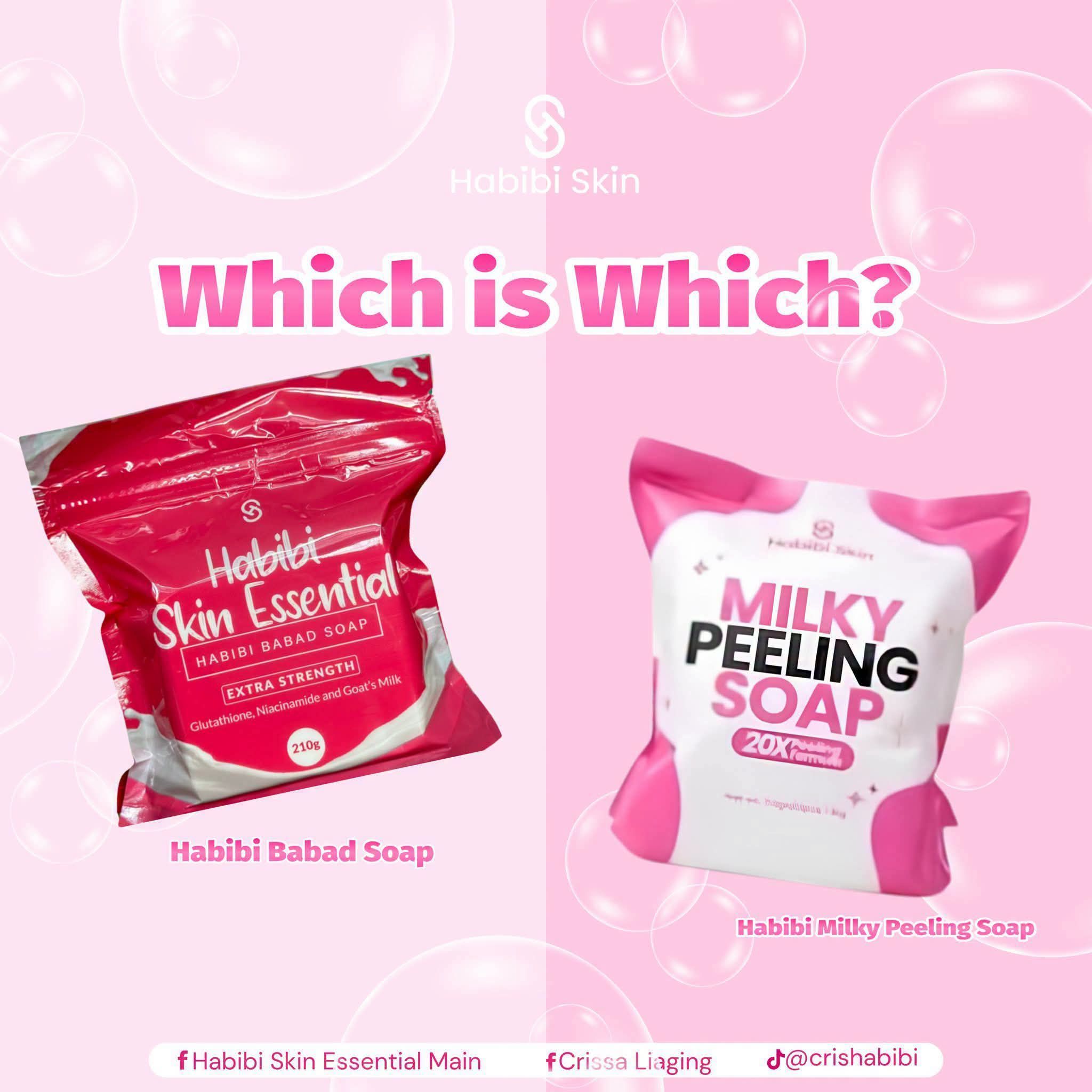 Two soaps, two different skin-care goals! HABIBI BABAD SOAP — For those who want that extra-strength cleansing + skin-brightening care with Glutathione, Niacinamide & Goat's Milk. HABIBI MILKY PEELING SOAP — Your